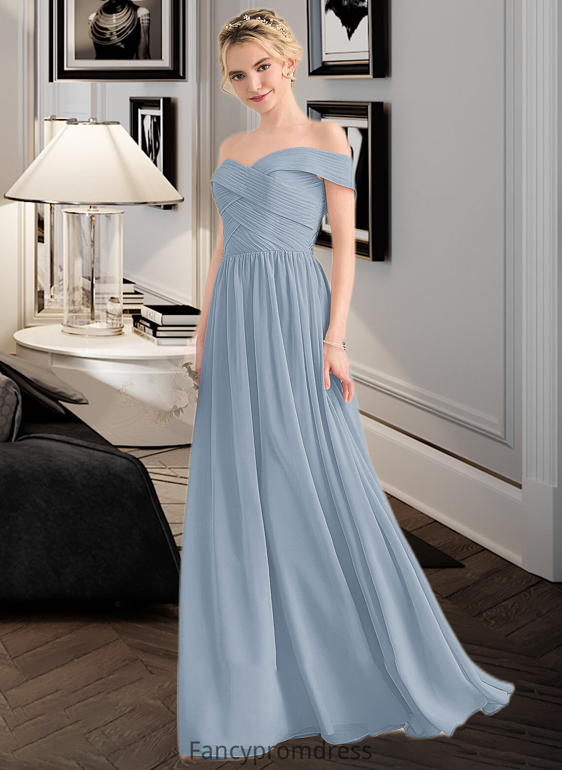 Lily A-Line Off-the-Shoulder Floor-Length Chiffon Bridesmaid Dress With Ruffle DRP0013190