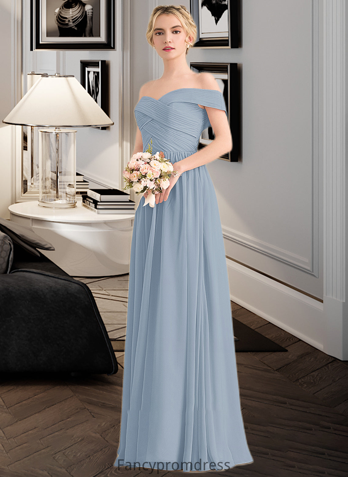 Lily A-Line Off-the-Shoulder Floor-Length Chiffon Bridesmaid Dress With Ruffle DRP0013190