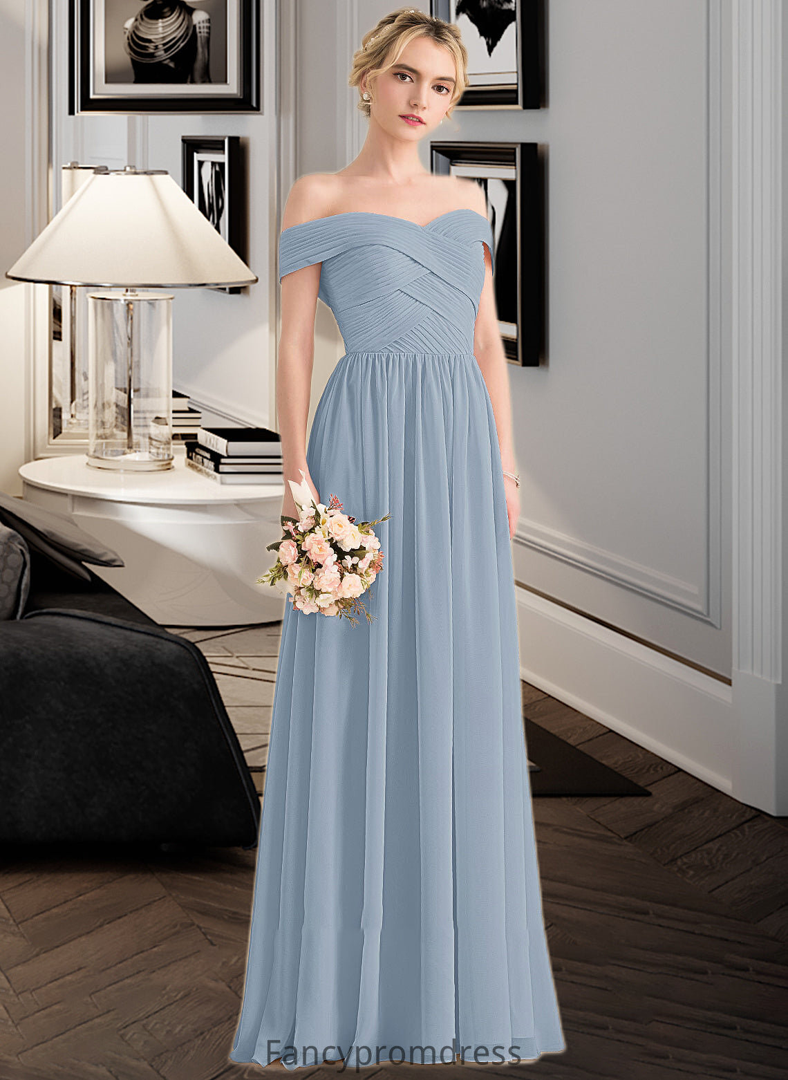 Lily A-Line Off-the-Shoulder Floor-Length Chiffon Bridesmaid Dress With Ruffle DRP0013190