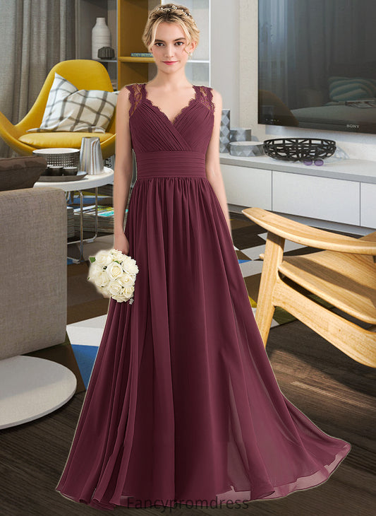 Kailey A-Line V-neck Floor-Length Chiffon Lace Bridesmaid Dress With Ruffle Bow(s) DRP0013191