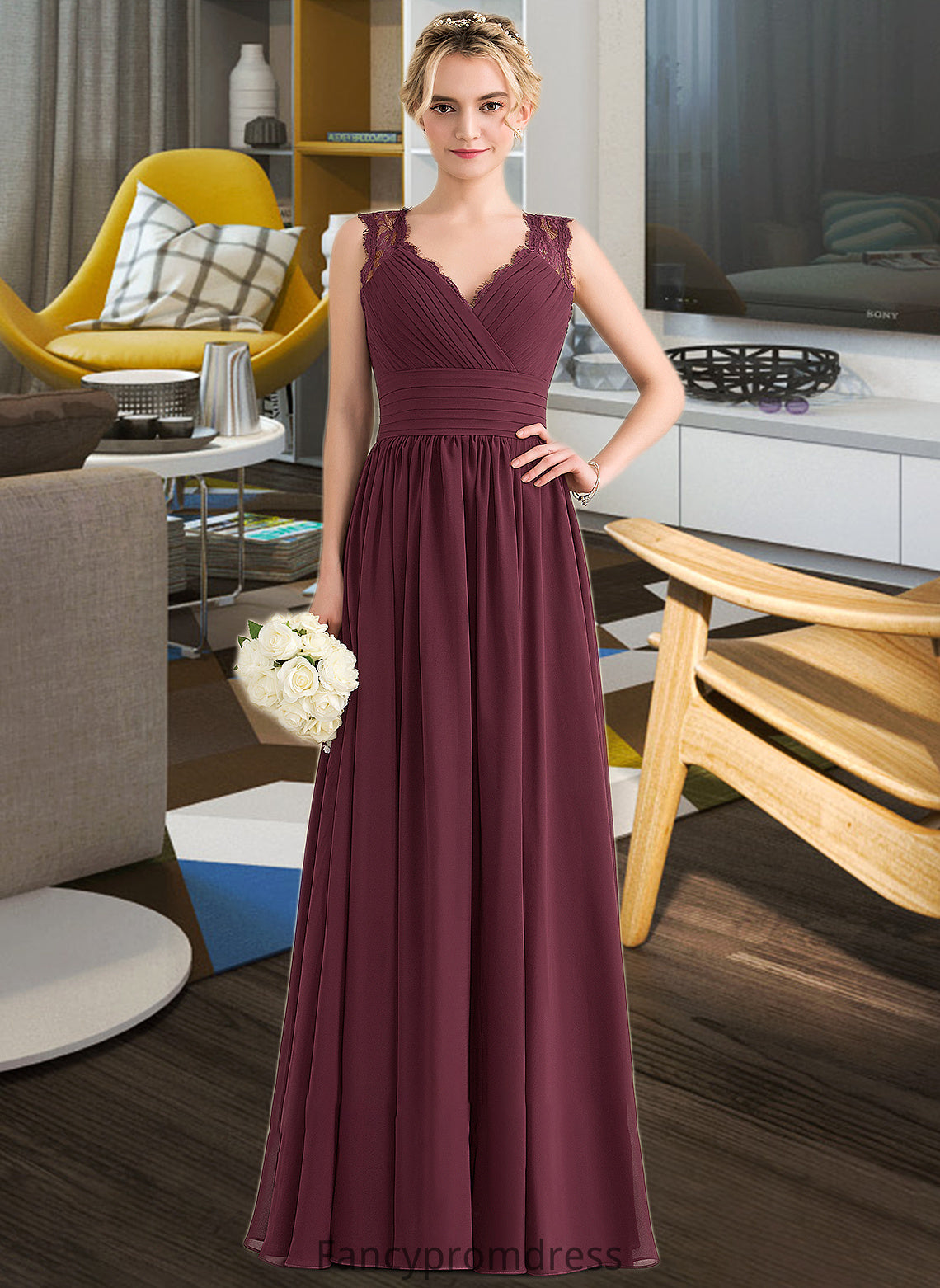 Kailey A-Line V-neck Floor-Length Chiffon Lace Bridesmaid Dress With Ruffle Bow(s) DRP0013191