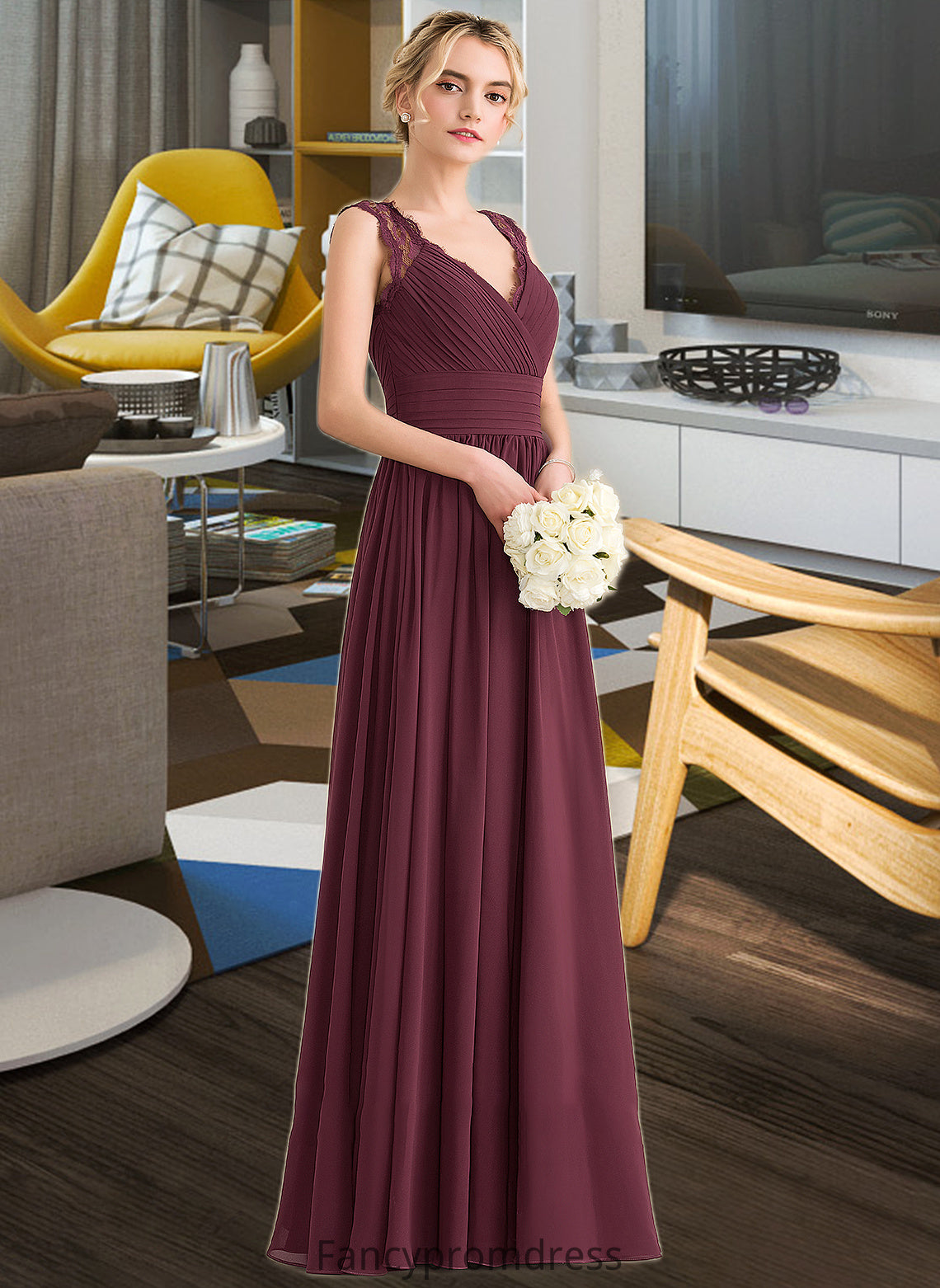 Kailey A-Line V-neck Floor-Length Chiffon Lace Bridesmaid Dress With Ruffle Bow(s) DRP0013191