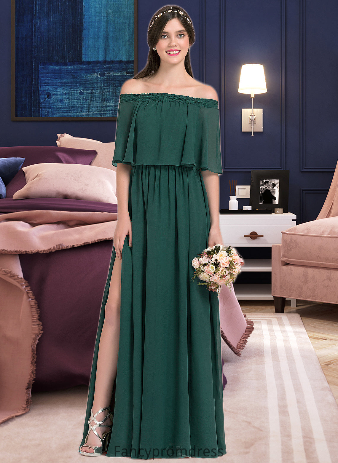 Una A-Line Off-the-Shoulder Floor-Length Chiffon Bridesmaid Dress With Split Front DRP0013192