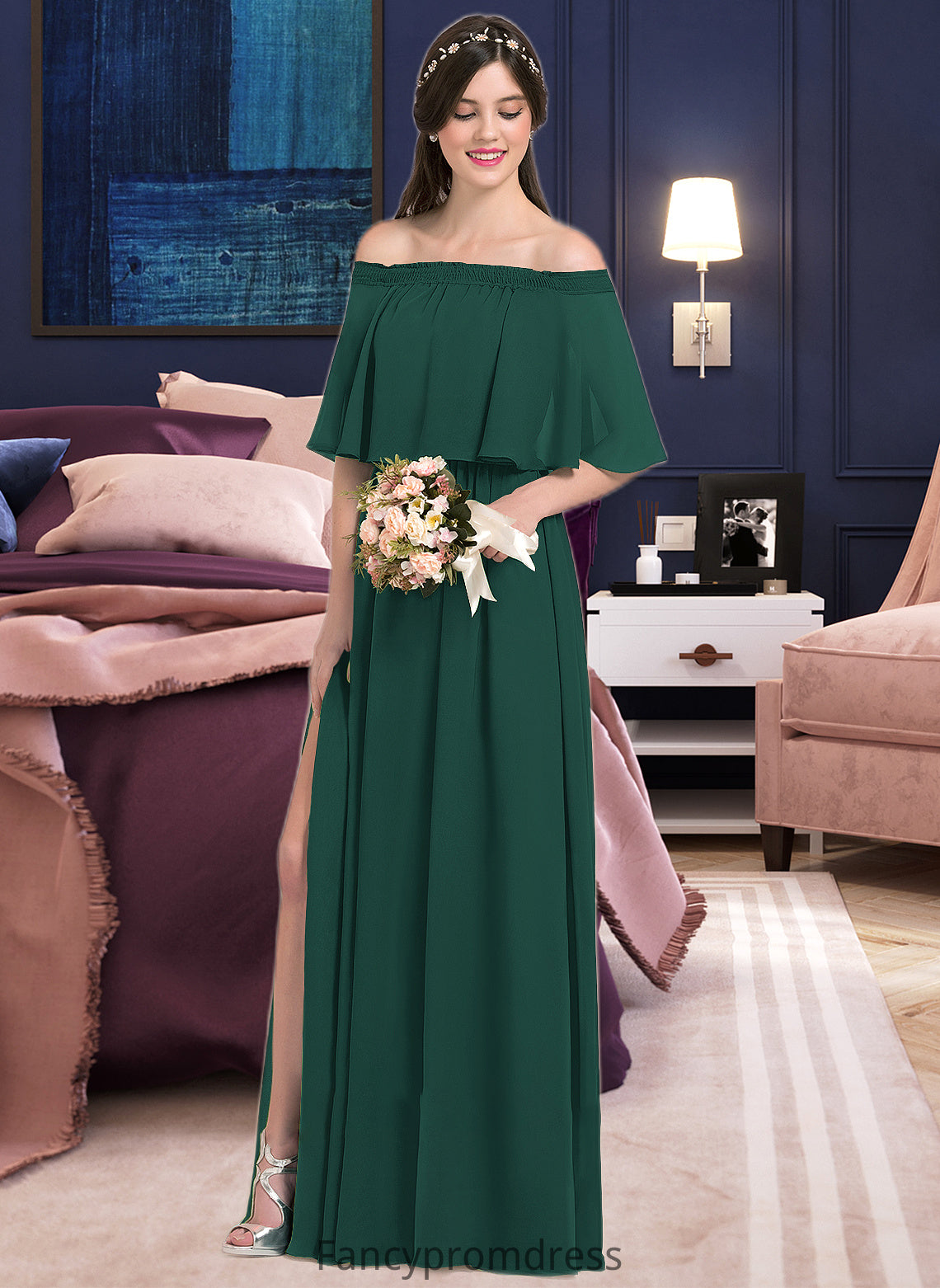 Una A-Line Off-the-Shoulder Floor-Length Chiffon Bridesmaid Dress With Split Front DRP0013192