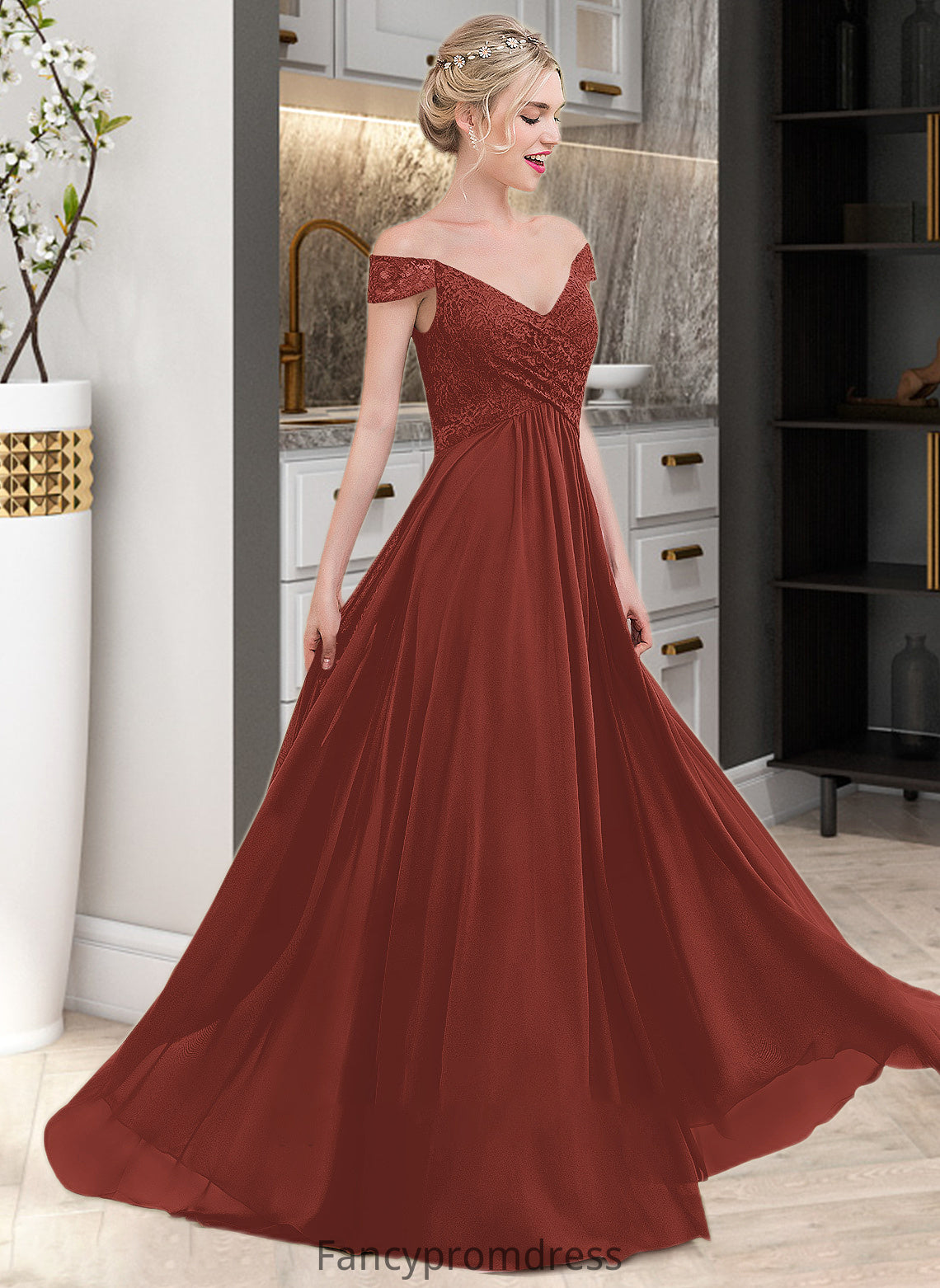 Pru A-Line Off-the-Shoulder Floor-Length Chiffon Lace Bridesmaid Dress With Ruffle DRP0013193