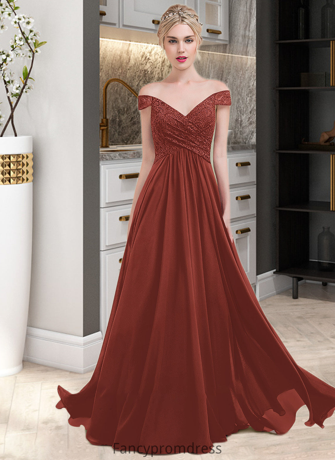 Pru A-Line Off-the-Shoulder Floor-Length Chiffon Lace Bridesmaid Dress With Ruffle DRP0013193