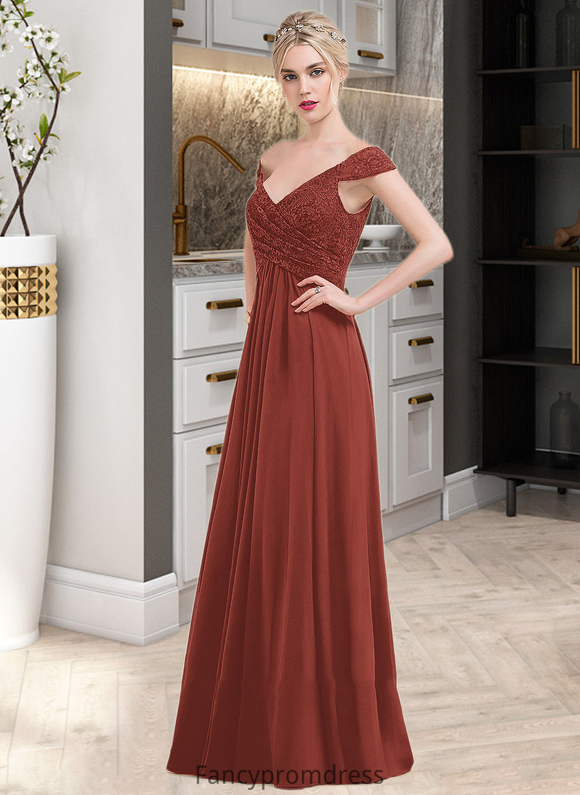 Pru A-Line Off-the-Shoulder Floor-Length Chiffon Lace Bridesmaid Dress With Ruffle DRP0013193