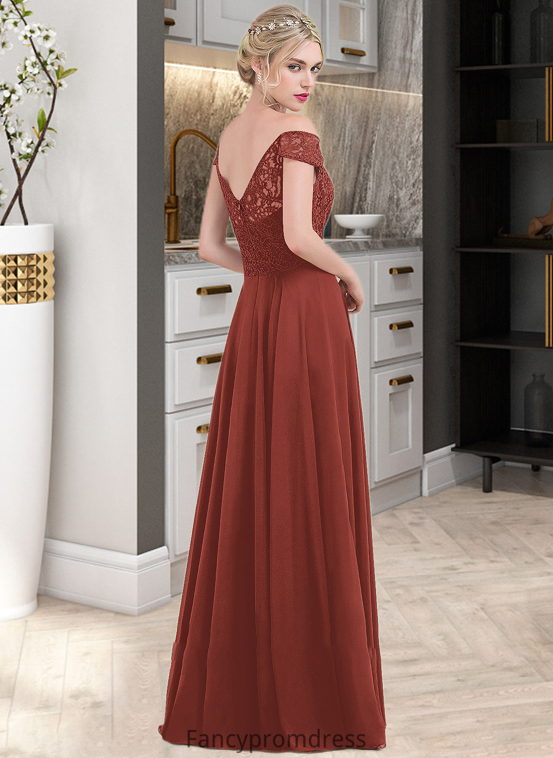 Pru A-Line Off-the-Shoulder Floor-Length Chiffon Lace Bridesmaid Dress With Ruffle DRP0013193