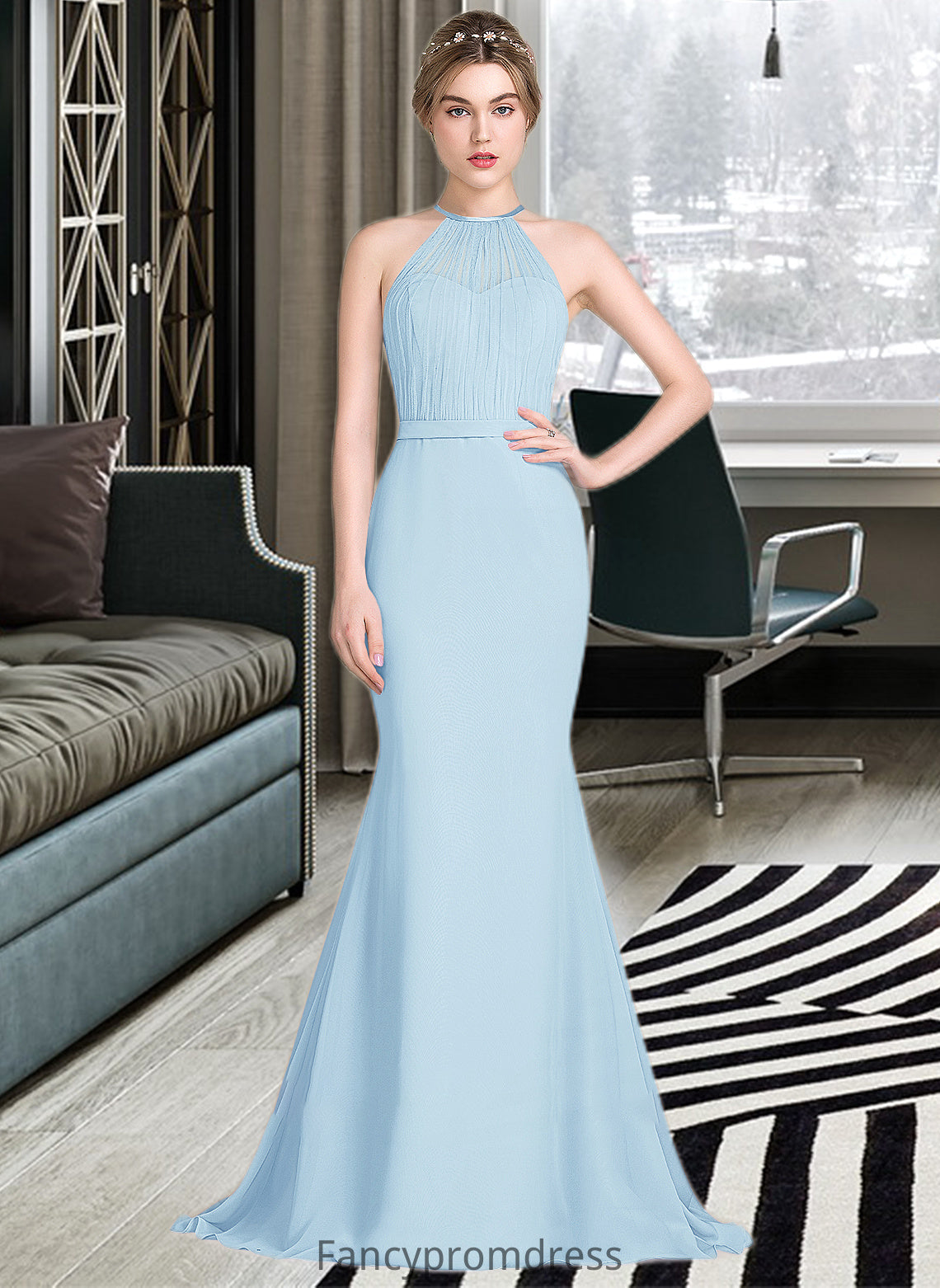 Terri Trumpet/Mermaid Scoop Neck Sweep Train Chiffon Tulle Bridesmaid Dress With Ruffle DRP0013194