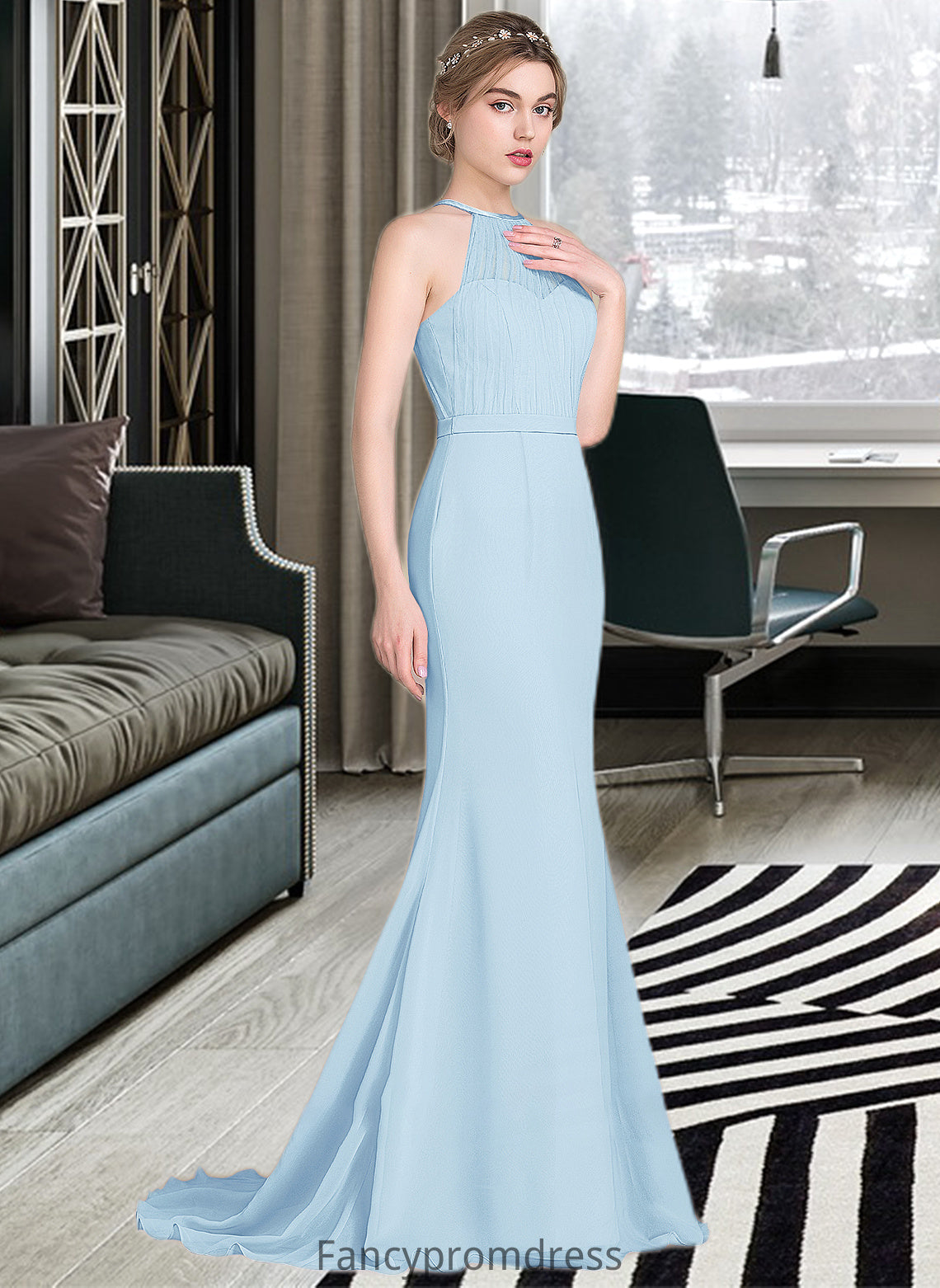 Terri Trumpet/Mermaid Scoop Neck Sweep Train Chiffon Tulle Bridesmaid Dress With Ruffle DRP0013194