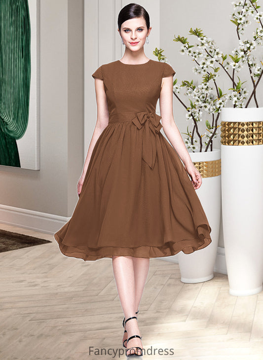 Bella Chiffon Knee-length Bridesmaid Dress with Cap Sleeves And Sashes DRP0013195