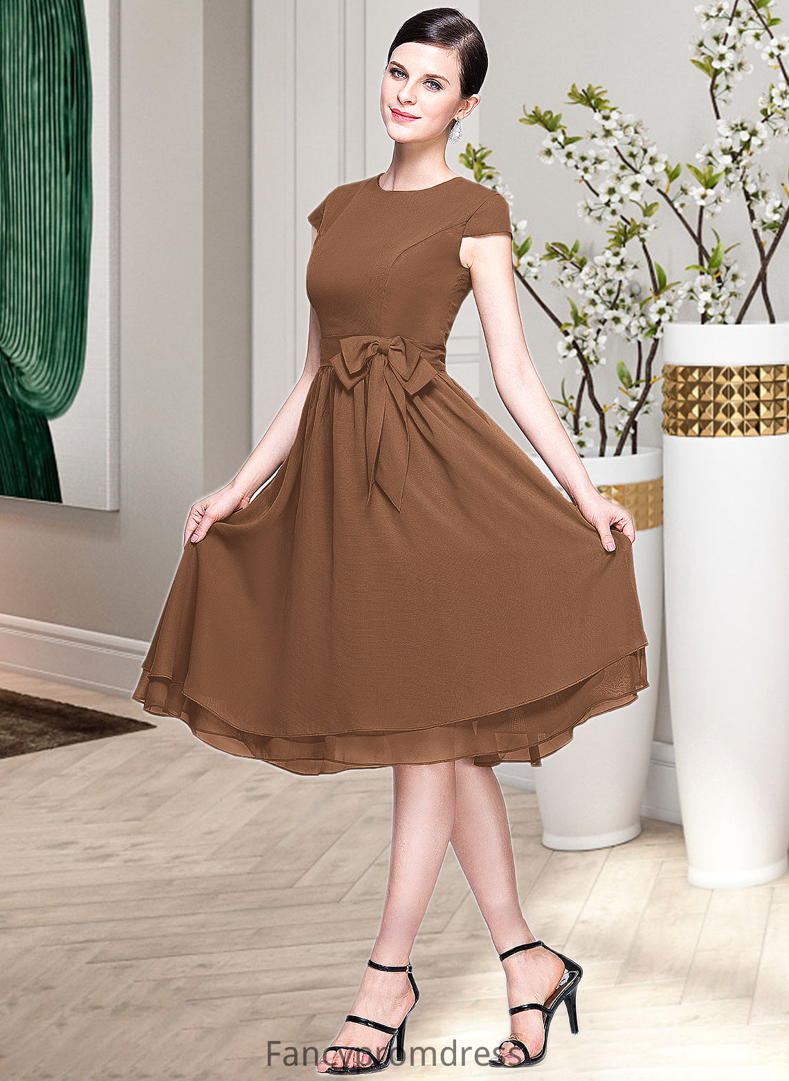 Bella Chiffon Knee-length Bridesmaid Dress with Cap Sleeves And Sashes DRP0013195