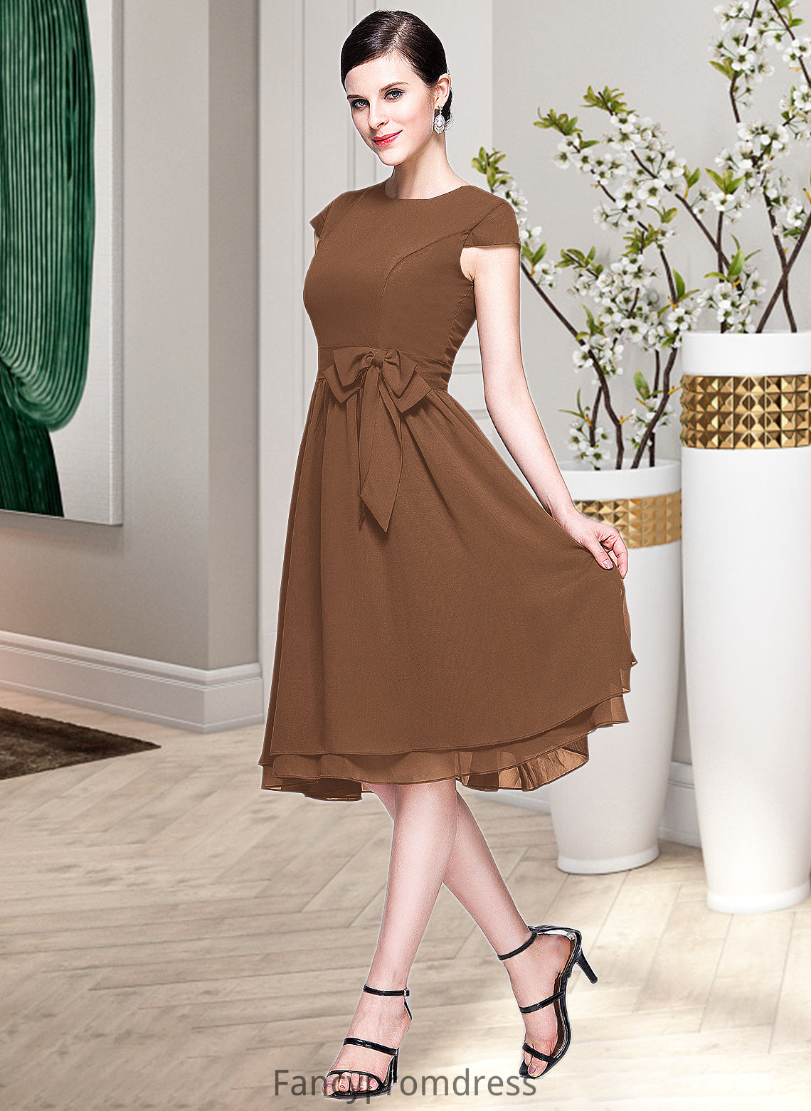 Bella Chiffon Knee-length Bridesmaid Dress with Cap Sleeves And Sashes DRP0013195