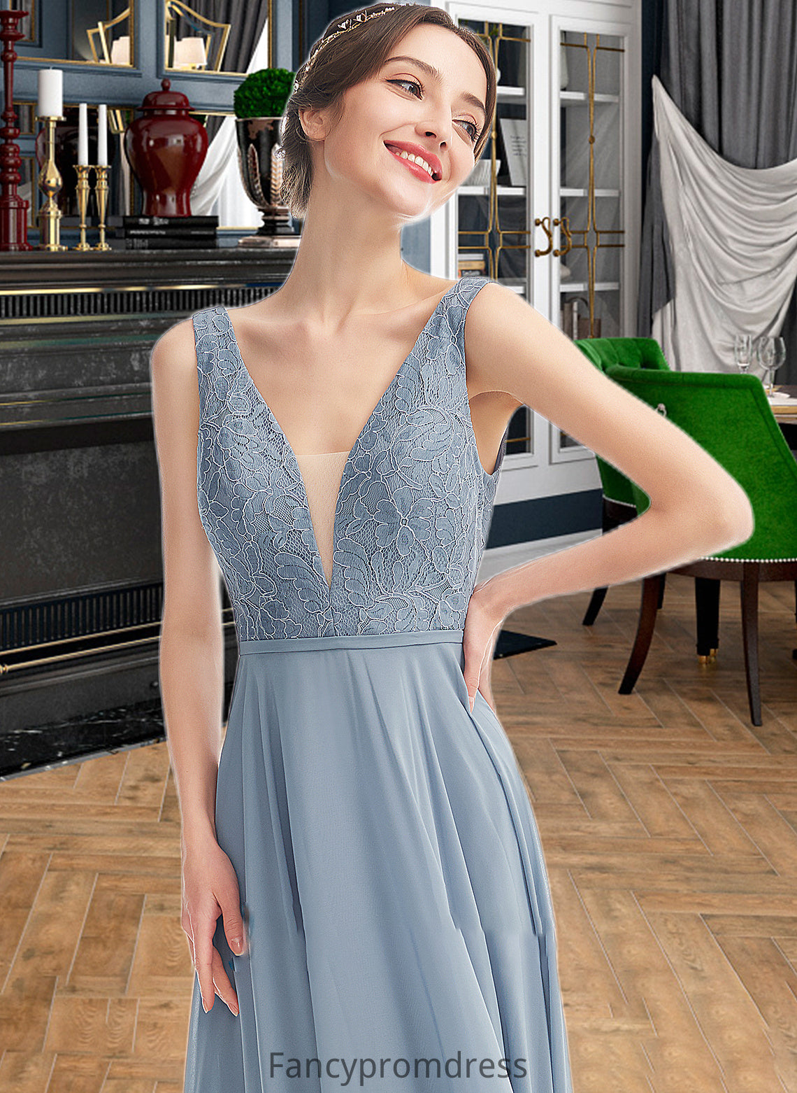 Janessa A-Line V-neck Floor-Length Bridesmaid Dress DRP0013199