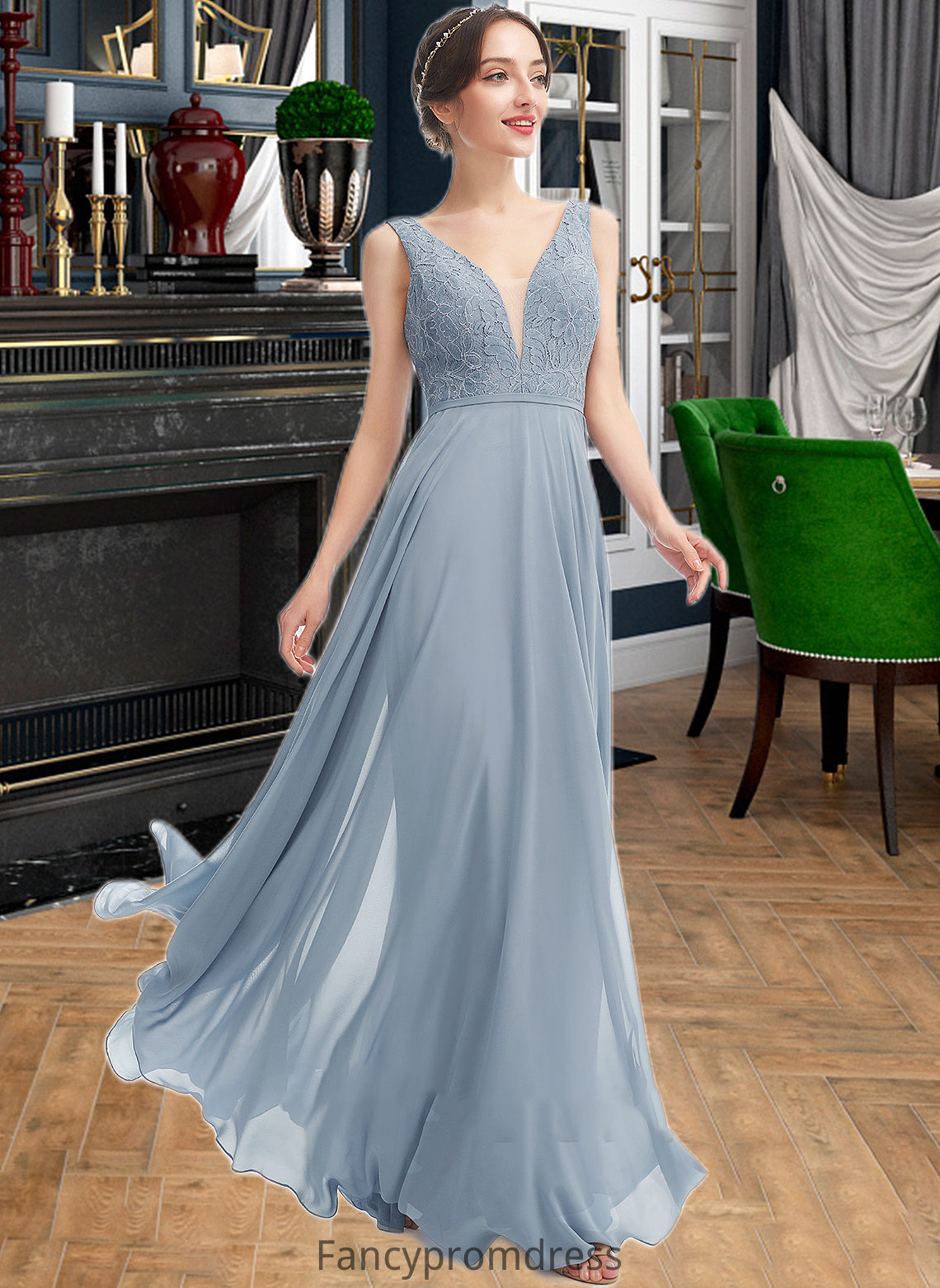 Janessa A-Line V-neck Floor-Length Bridesmaid Dress DRP0013199