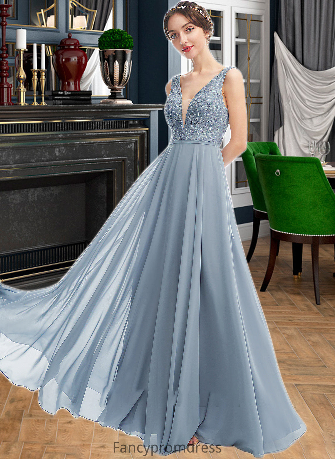 Janessa A-Line V-neck Floor-Length Bridesmaid Dress DRP0013199