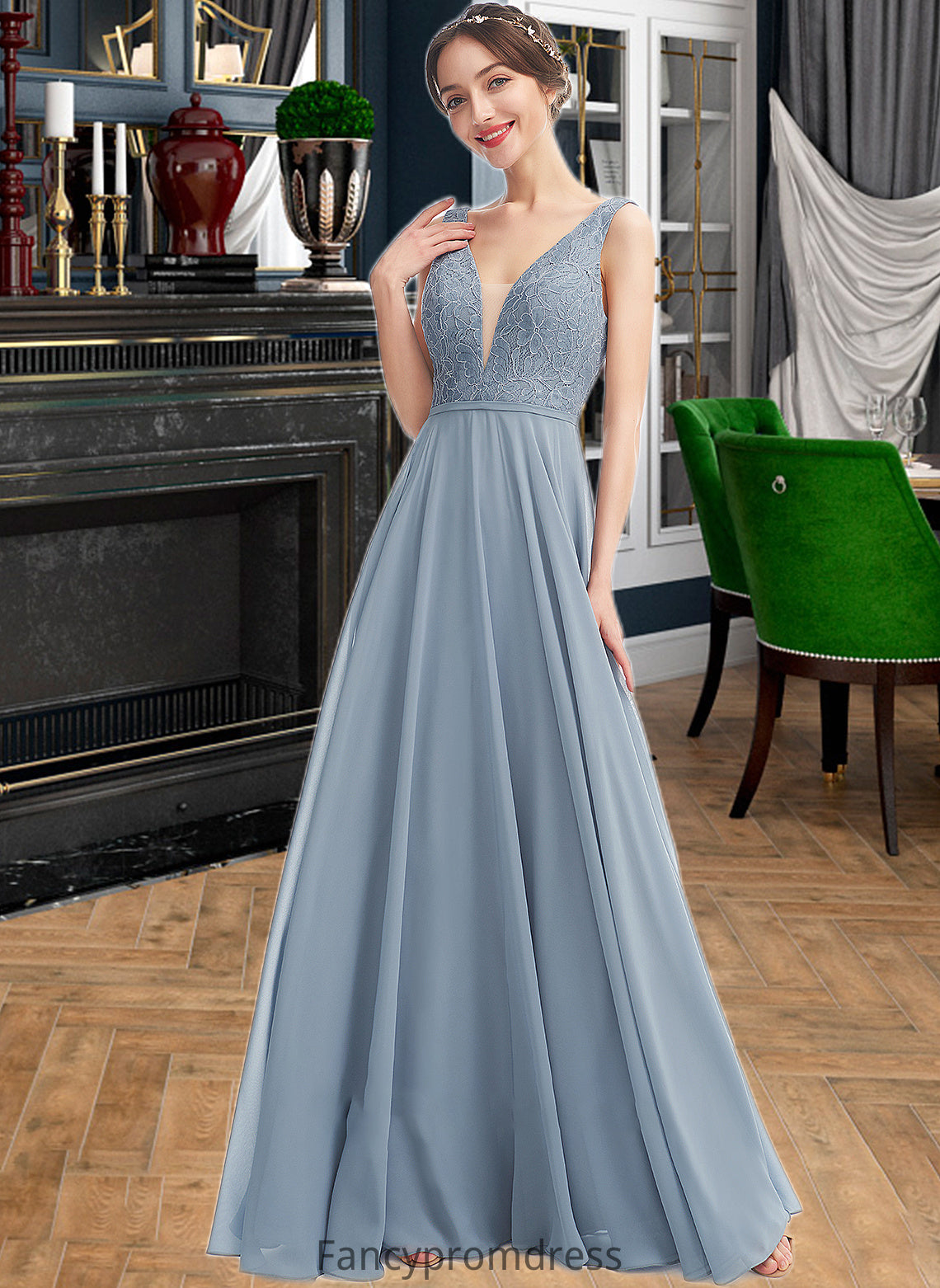 Janessa A-Line V-neck Floor-Length Bridesmaid Dress DRP0013199