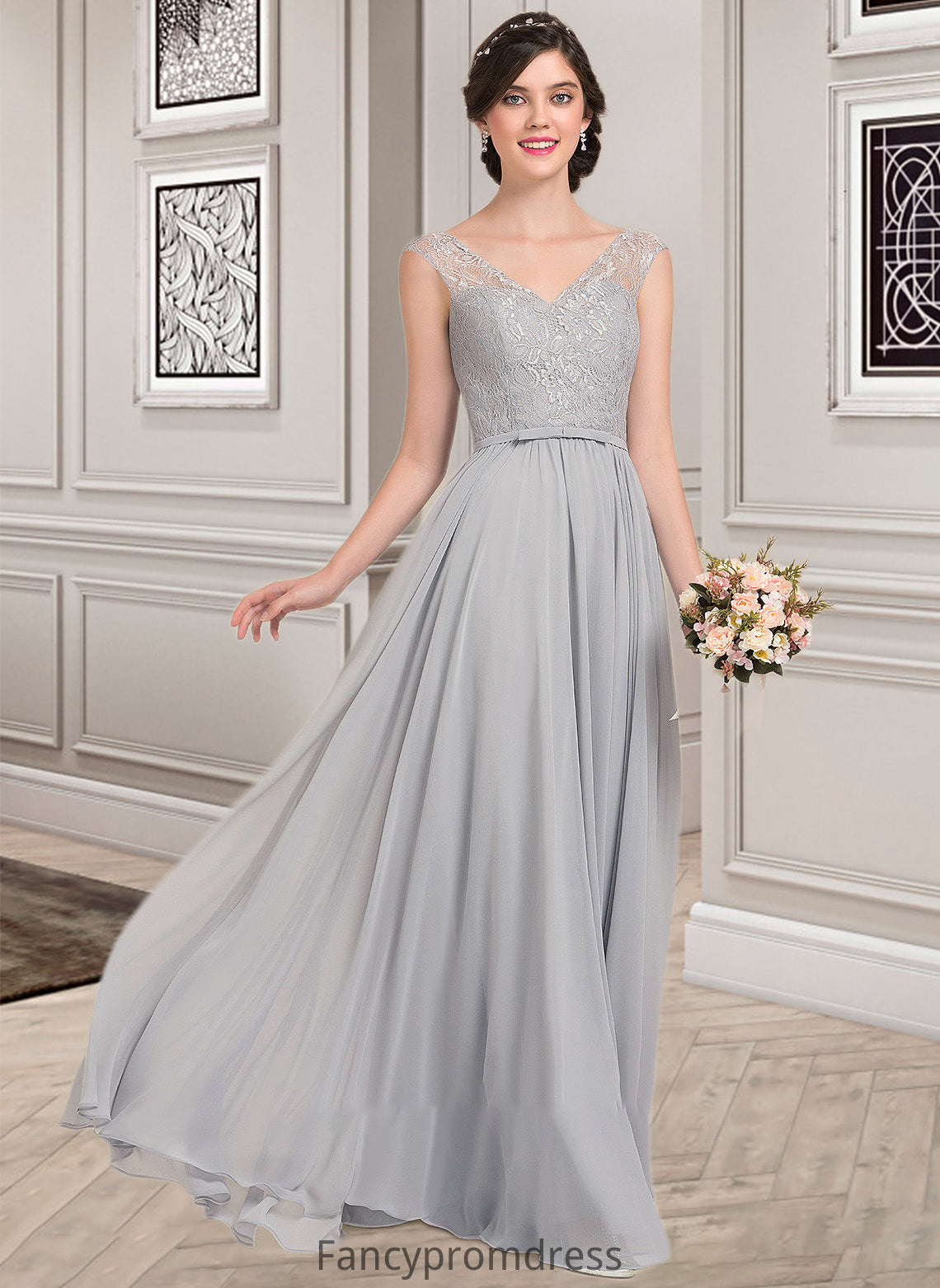 Kaydence A-Line V-neck Floor-Length Chiffon Lace Bridesmaid Dress With Bow(s) DRP0013203