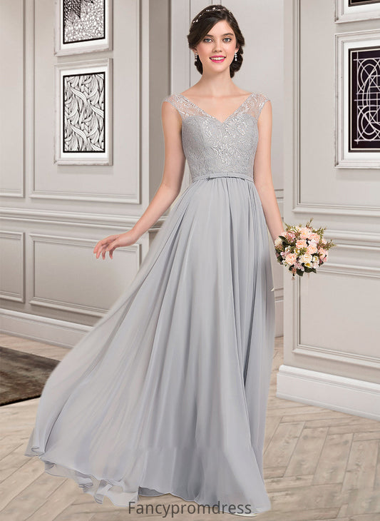 Kaydence A-Line V-neck Floor-Length Chiffon Lace Bridesmaid Dress With Bow(s) DRP0013203