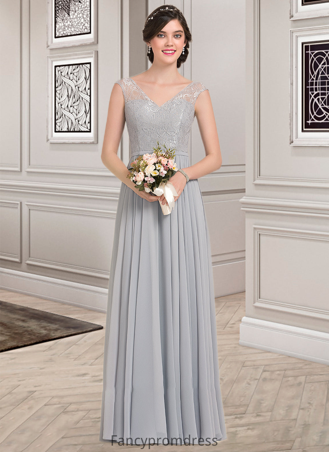 Kaydence A-Line V-neck Floor-Length Chiffon Lace Bridesmaid Dress With Bow(s) DRP0013203