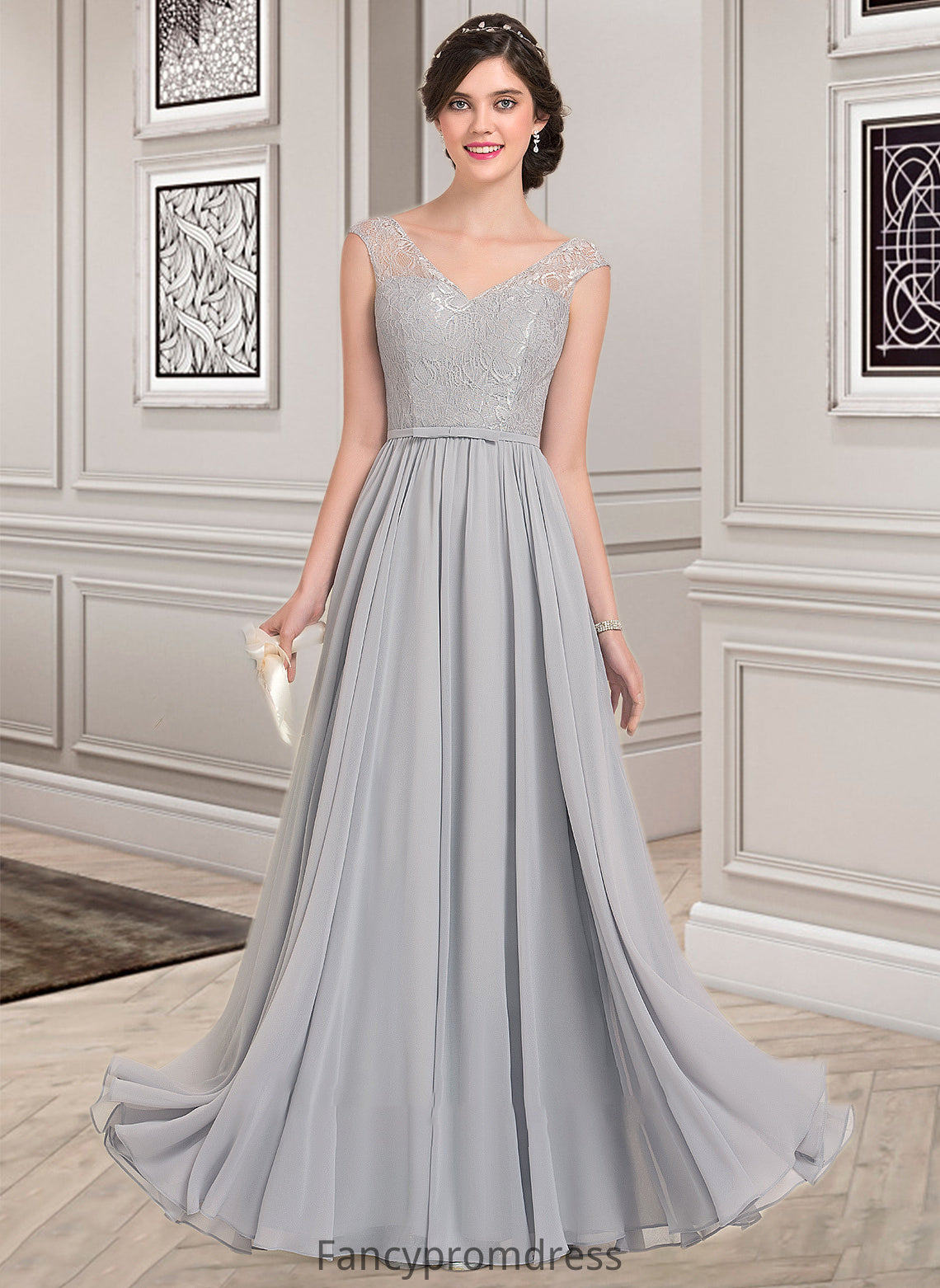 Kaydence A-Line V-neck Floor-Length Chiffon Lace Bridesmaid Dress With Bow(s) DRP0013203