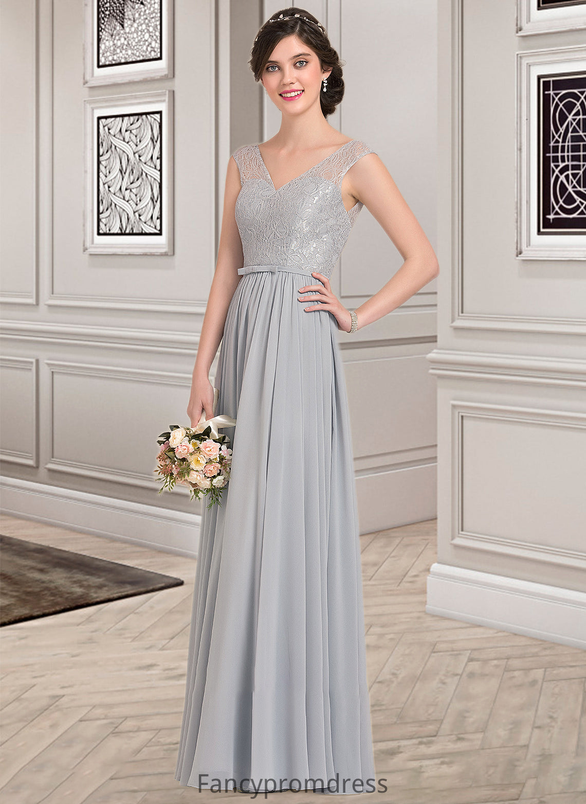 Kaydence A-Line V-neck Floor-Length Chiffon Lace Bridesmaid Dress With Bow(s) DRP0013203