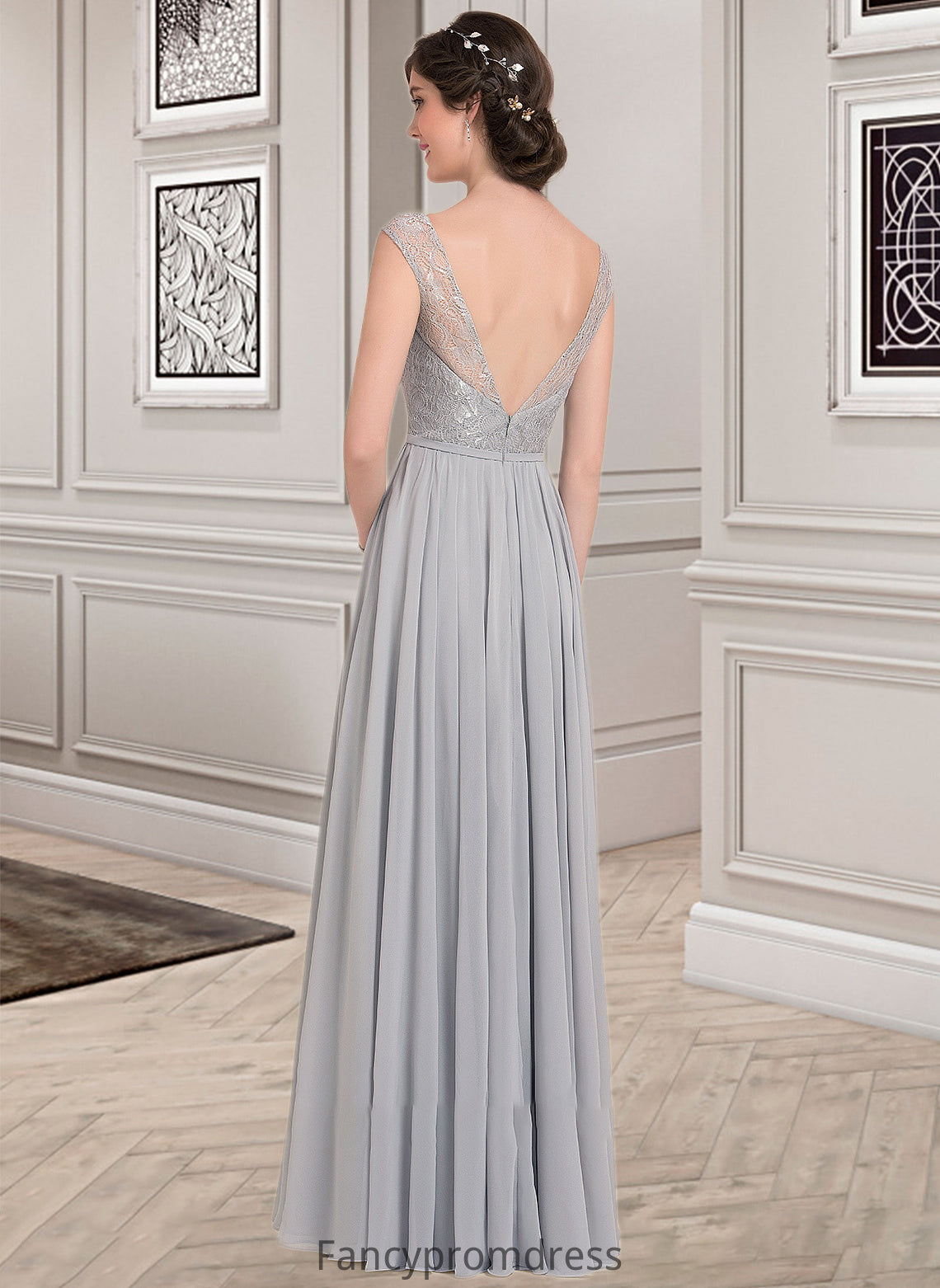 Kaydence A-Line V-neck Floor-Length Chiffon Lace Bridesmaid Dress With Bow(s) DRP0013203