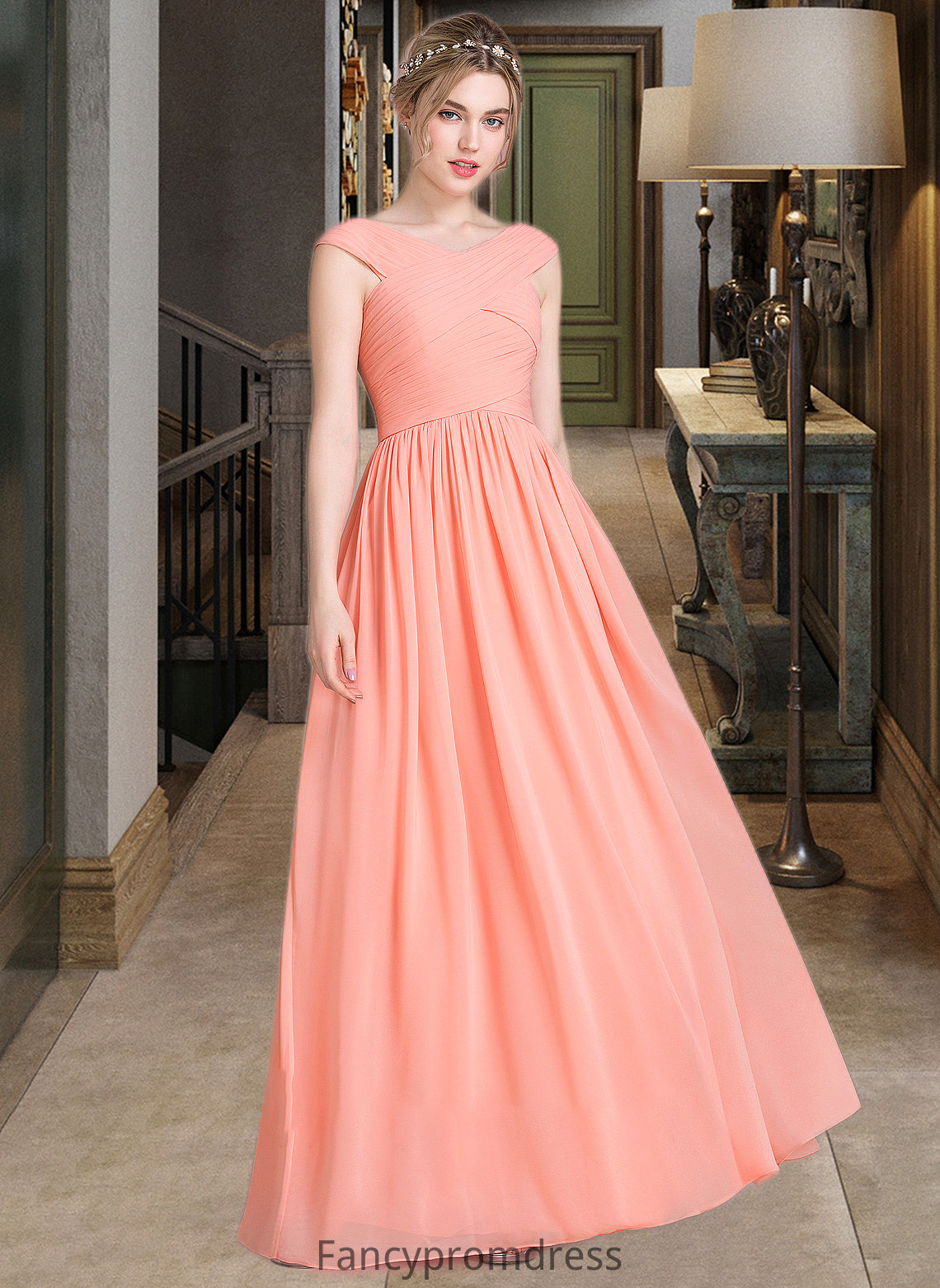 Alana Ball-Gown/Princess V-neck Floor-Length Chiffon Bridesmaid Dress With Ruffle DRP0013204