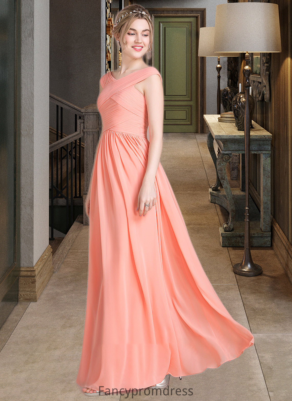 Alana Ball-Gown/Princess V-neck Floor-Length Chiffon Bridesmaid Dress With Ruffle DRP0013204