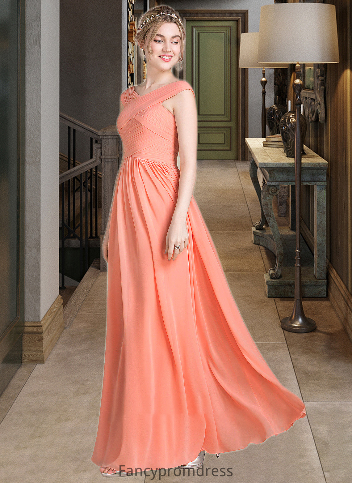 Alana Ball-Gown/Princess V-neck Floor-Length Chiffon Bridesmaid Dress With Ruffle DRP0013204