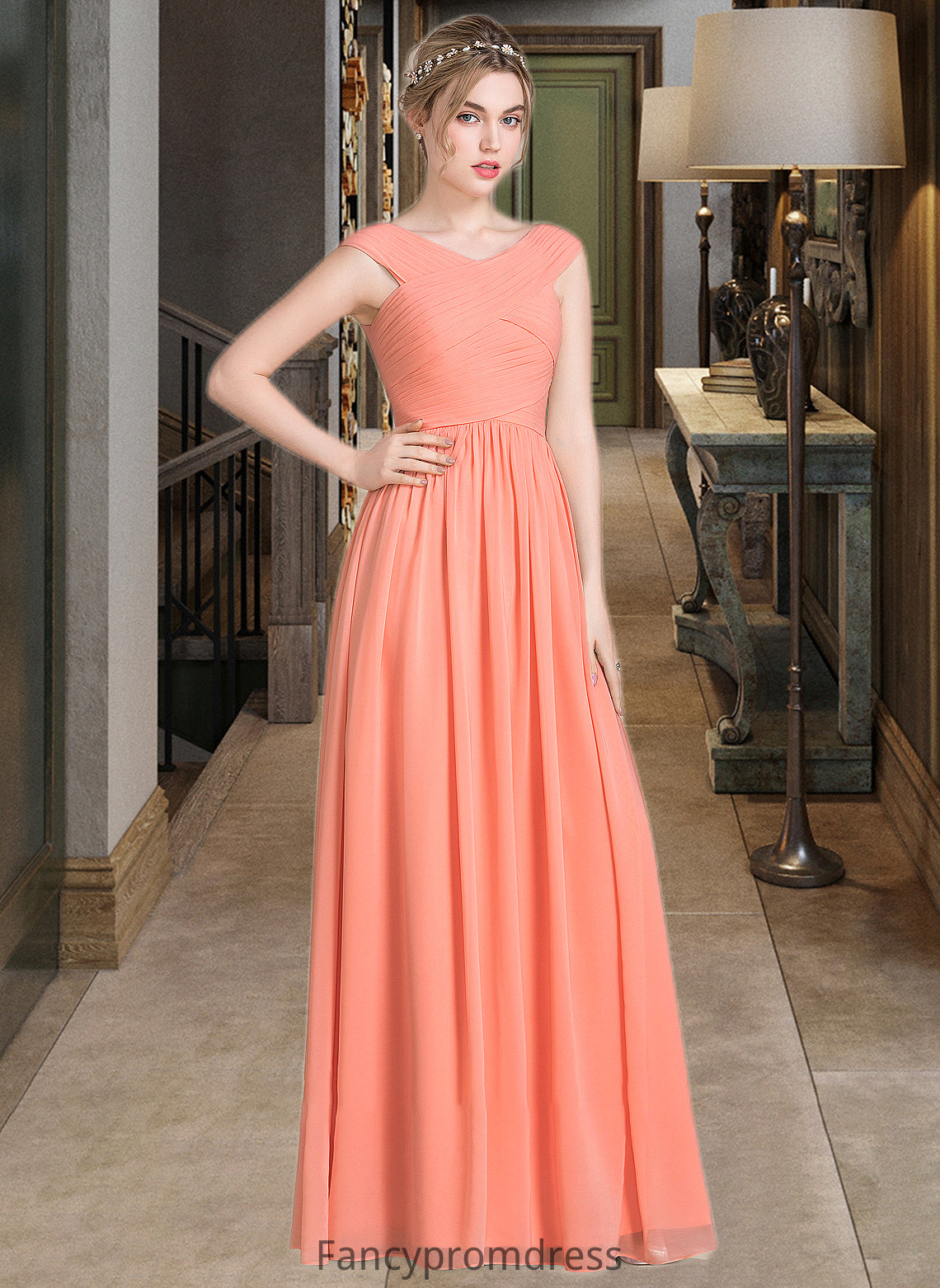 Alana Ball-Gown/Princess V-neck Floor-Length Chiffon Bridesmaid Dress With Ruffle DRP0013204