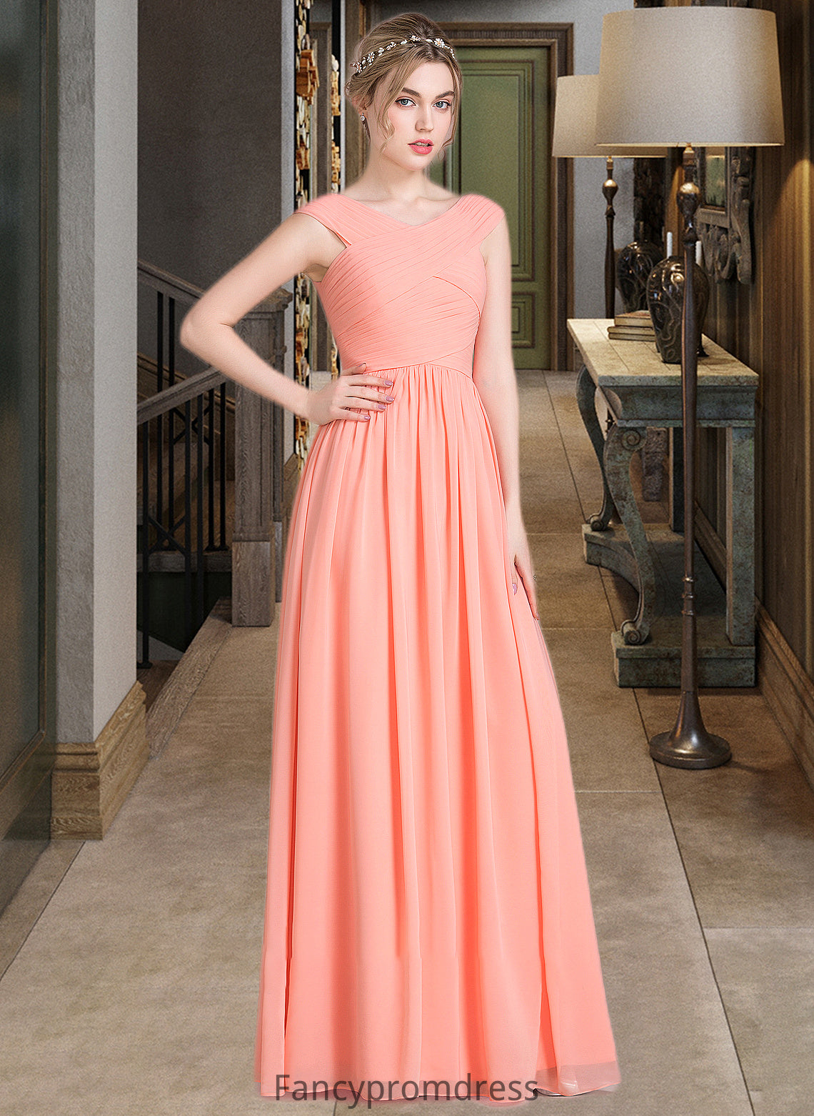 Alana Ball-Gown/Princess V-neck Floor-Length Chiffon Bridesmaid Dress With Ruffle DRP0013204