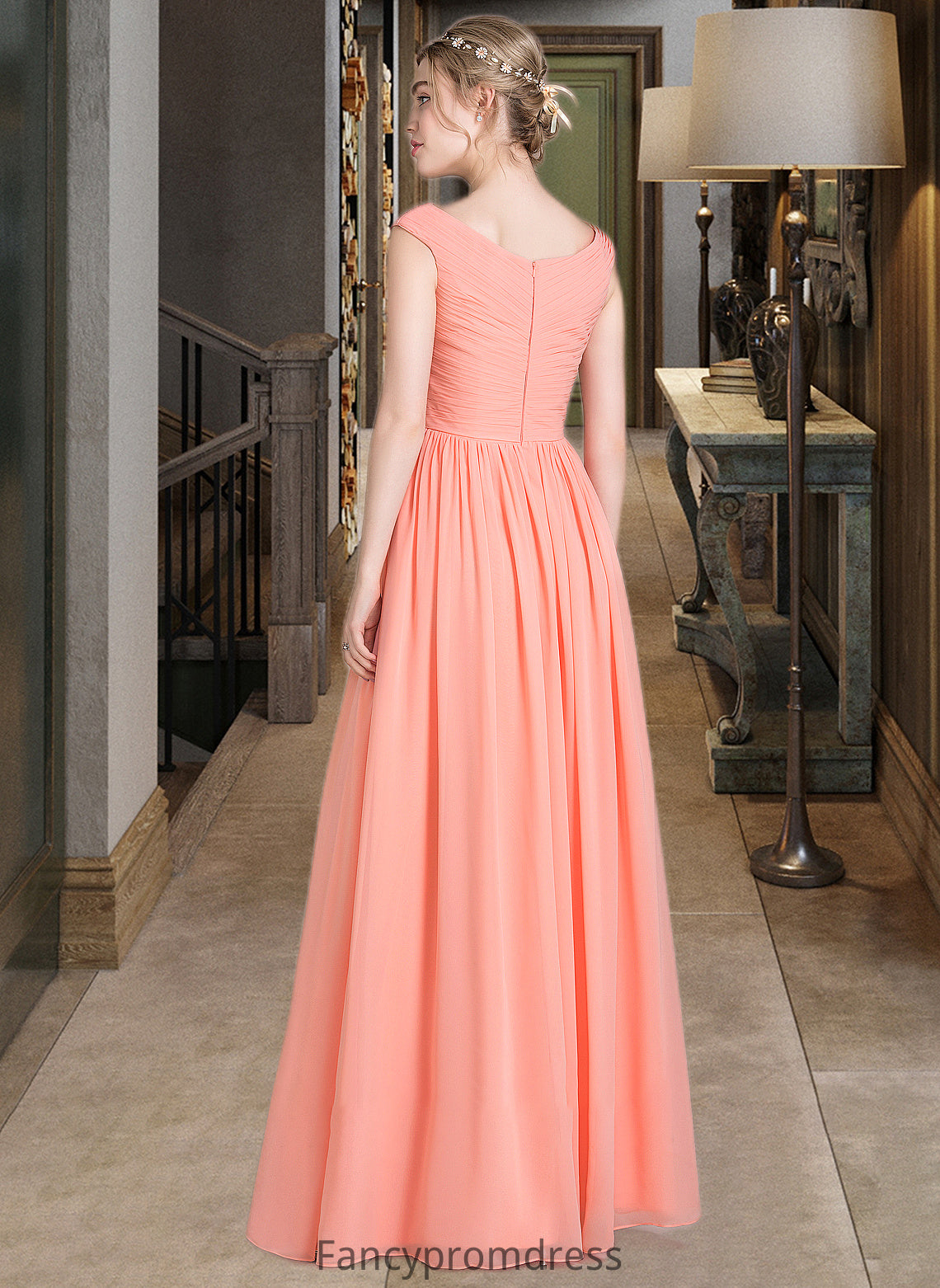 Alana Ball-Gown/Princess V-neck Floor-Length Chiffon Bridesmaid Dress With Ruffle DRP0013204