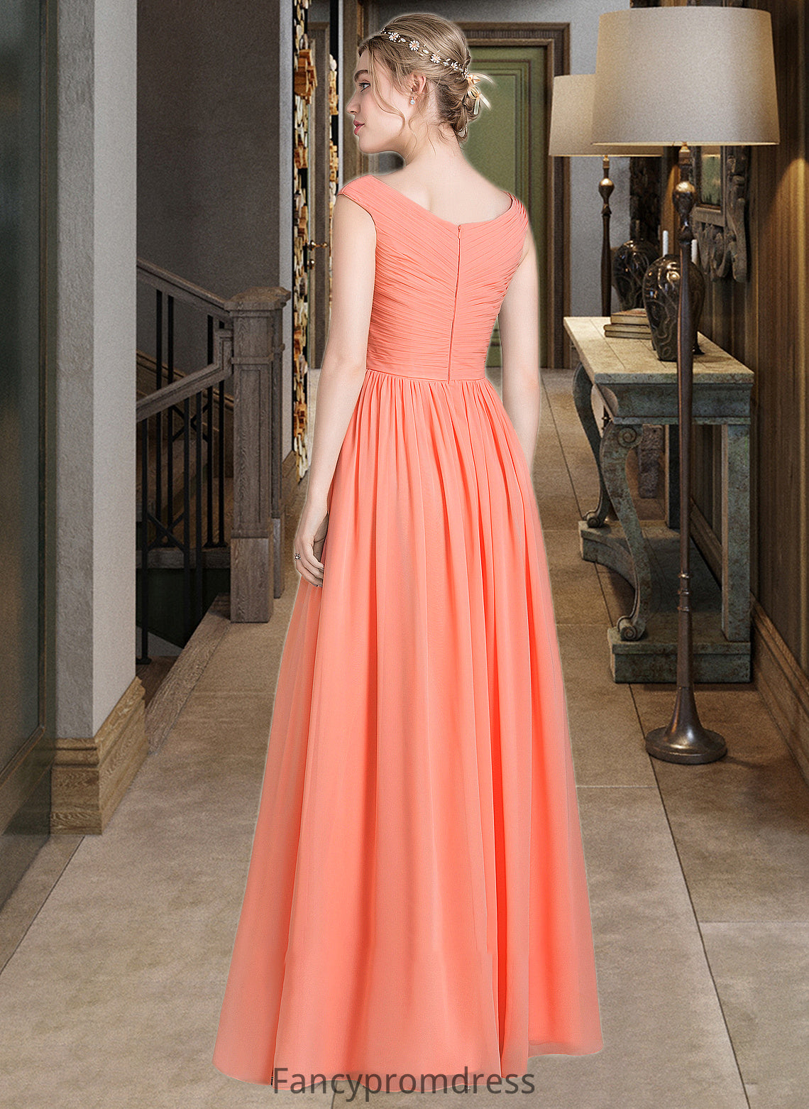 Alana Ball-Gown/Princess V-neck Floor-Length Chiffon Bridesmaid Dress With Ruffle DRP0013204