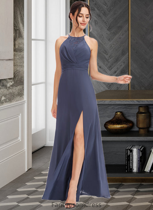 Paige A-Line Halter Floor-Length Bridesmaid Dress With Lace Split Front DRP0013205