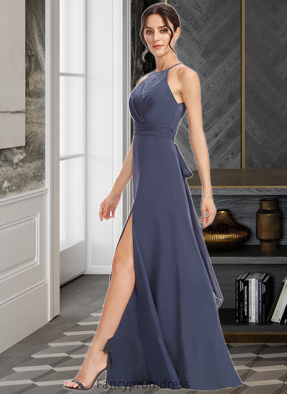 Paige A-Line Halter Floor-Length Bridesmaid Dress With Lace Split Front DRP0013205