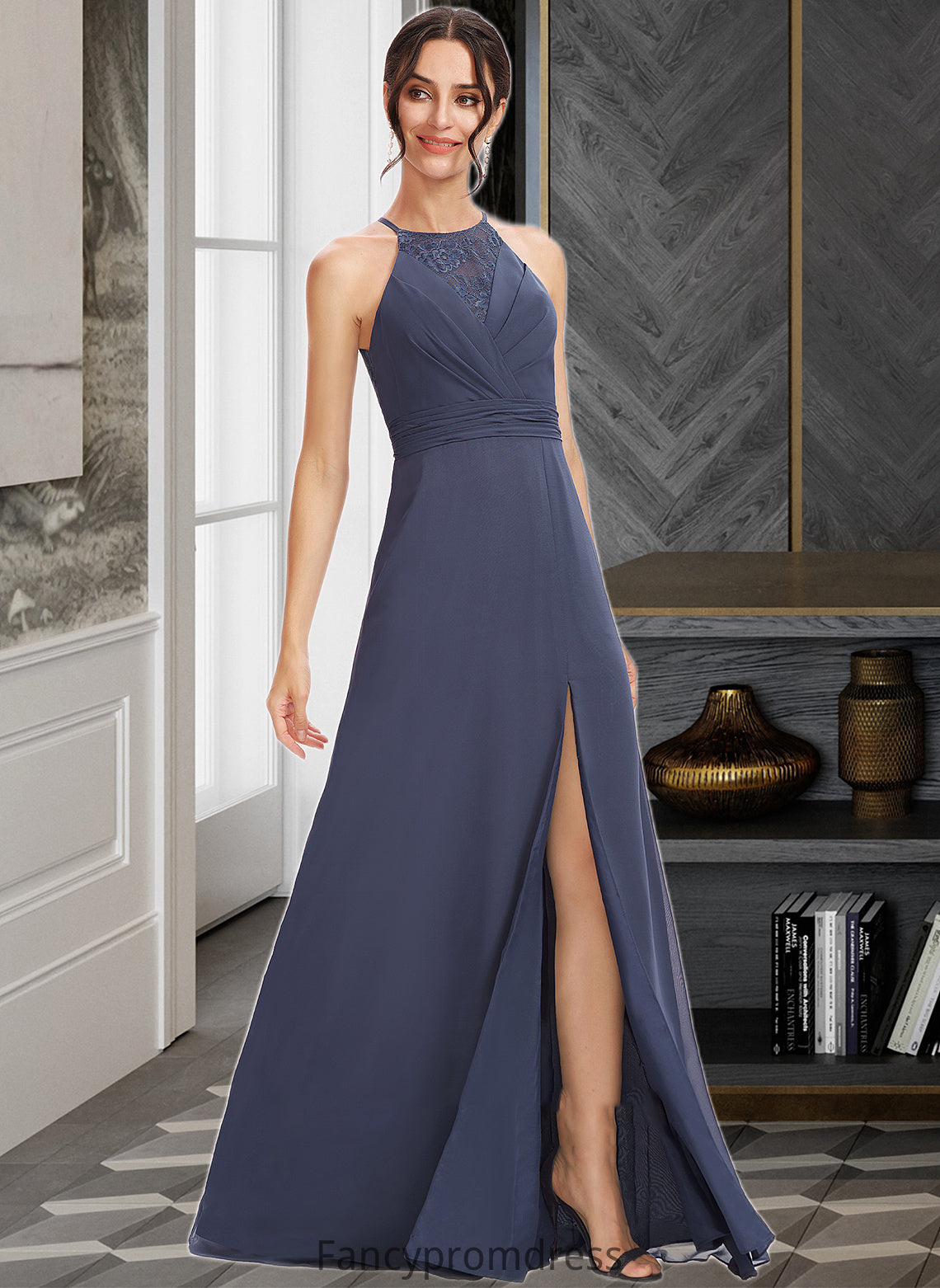 Paige A-Line Halter Floor-Length Bridesmaid Dress With Lace Split Front DRP0013205