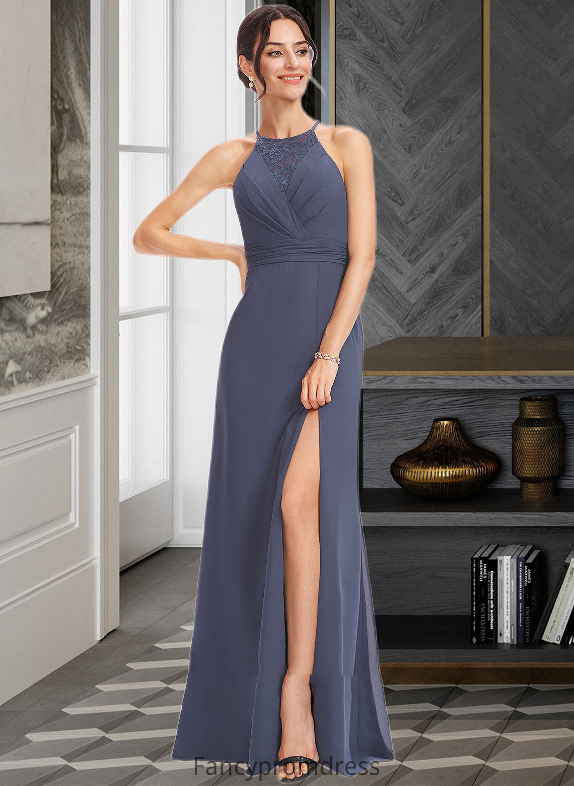 Paige A-Line Halter Floor-Length Bridesmaid Dress With Lace Split Front DRP0013205