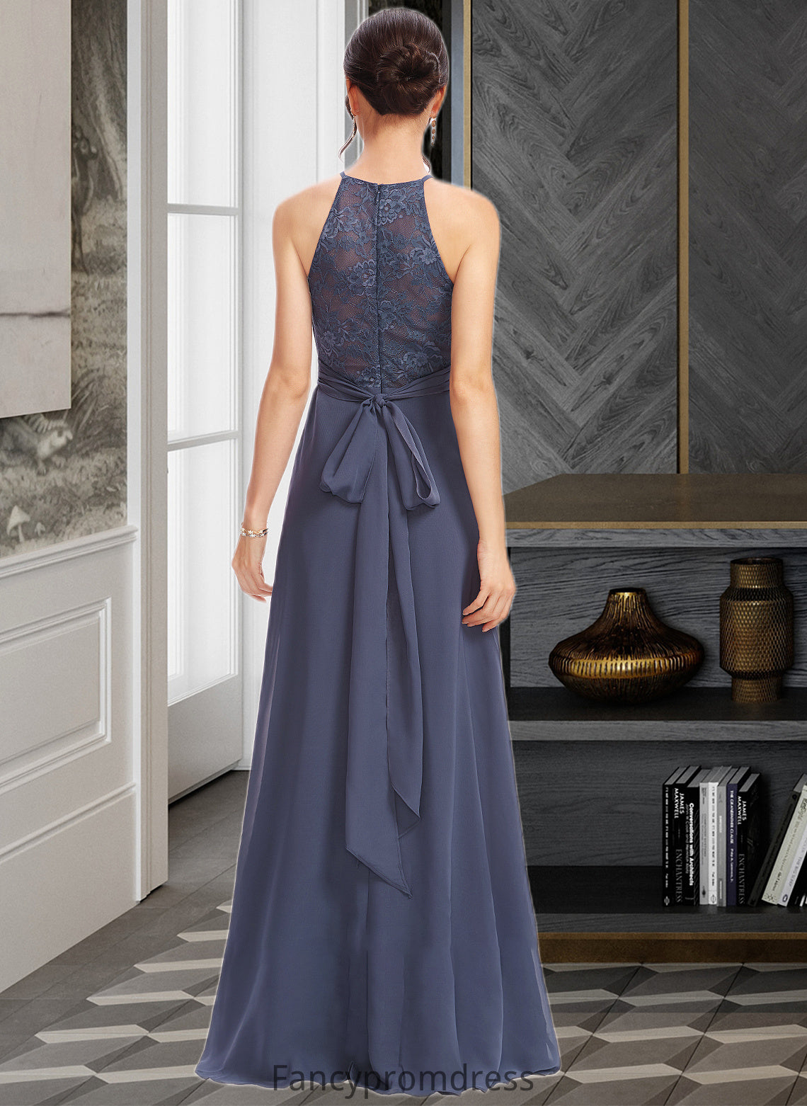 Paige A-Line Halter Floor-Length Bridesmaid Dress With Lace Split Front DRP0013205