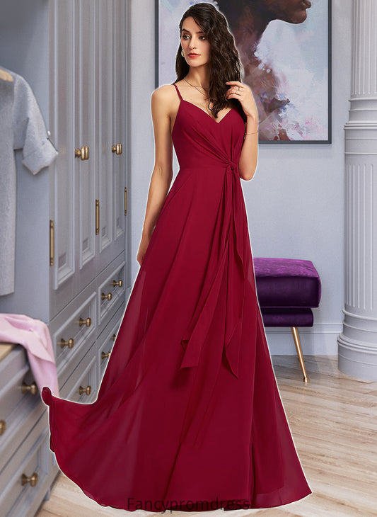 Penelope A-Line V-neck Floor-Length Bridesmaid Dress With Ruffle DRP0013206