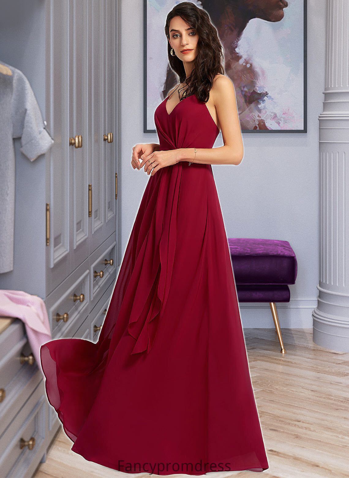 Penelope A-Line V-neck Floor-Length Bridesmaid Dress With Ruffle DRP0013206