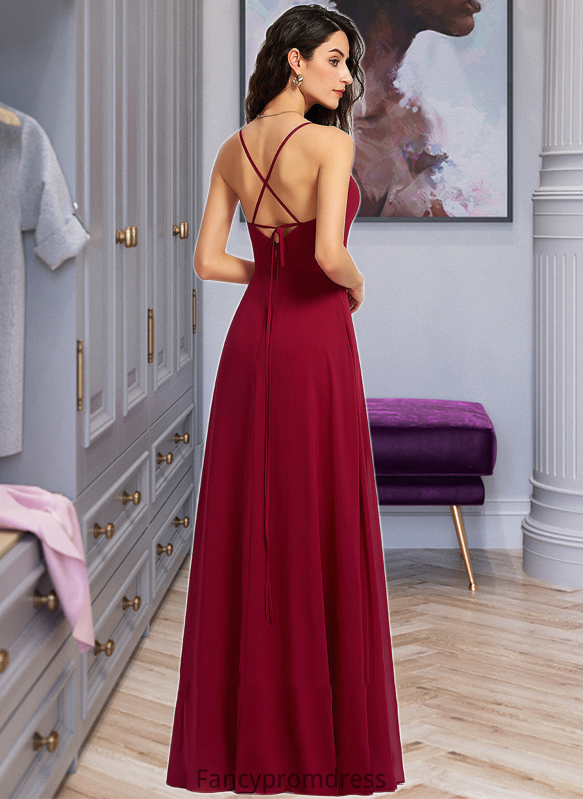 Penelope A-Line V-neck Floor-Length Bridesmaid Dress With Ruffle DRP0013206