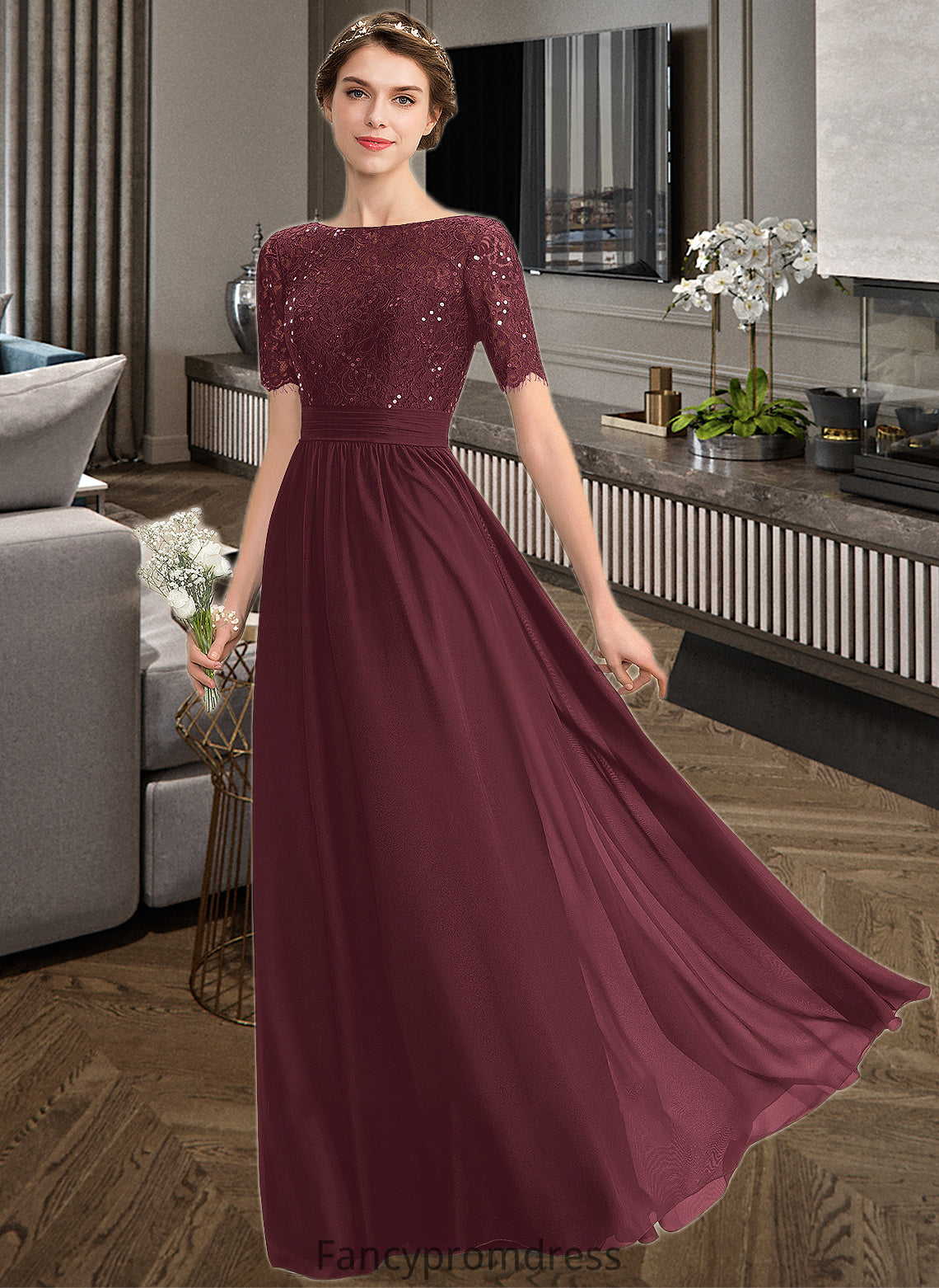 Sheila A-Line Scoop Neck Floor-Length Chiffon Lace Bridesmaid Dress With Sequins DRP0013207