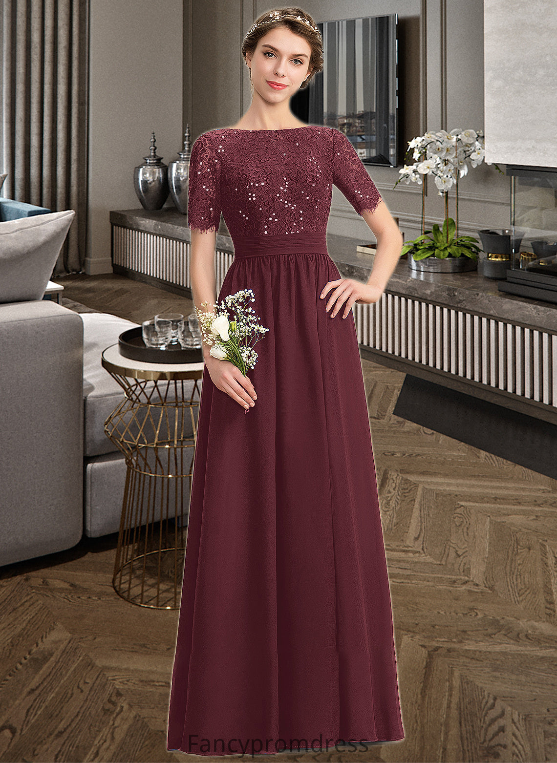 Sheila A-Line Scoop Neck Floor-Length Chiffon Lace Bridesmaid Dress With Sequins DRP0013207