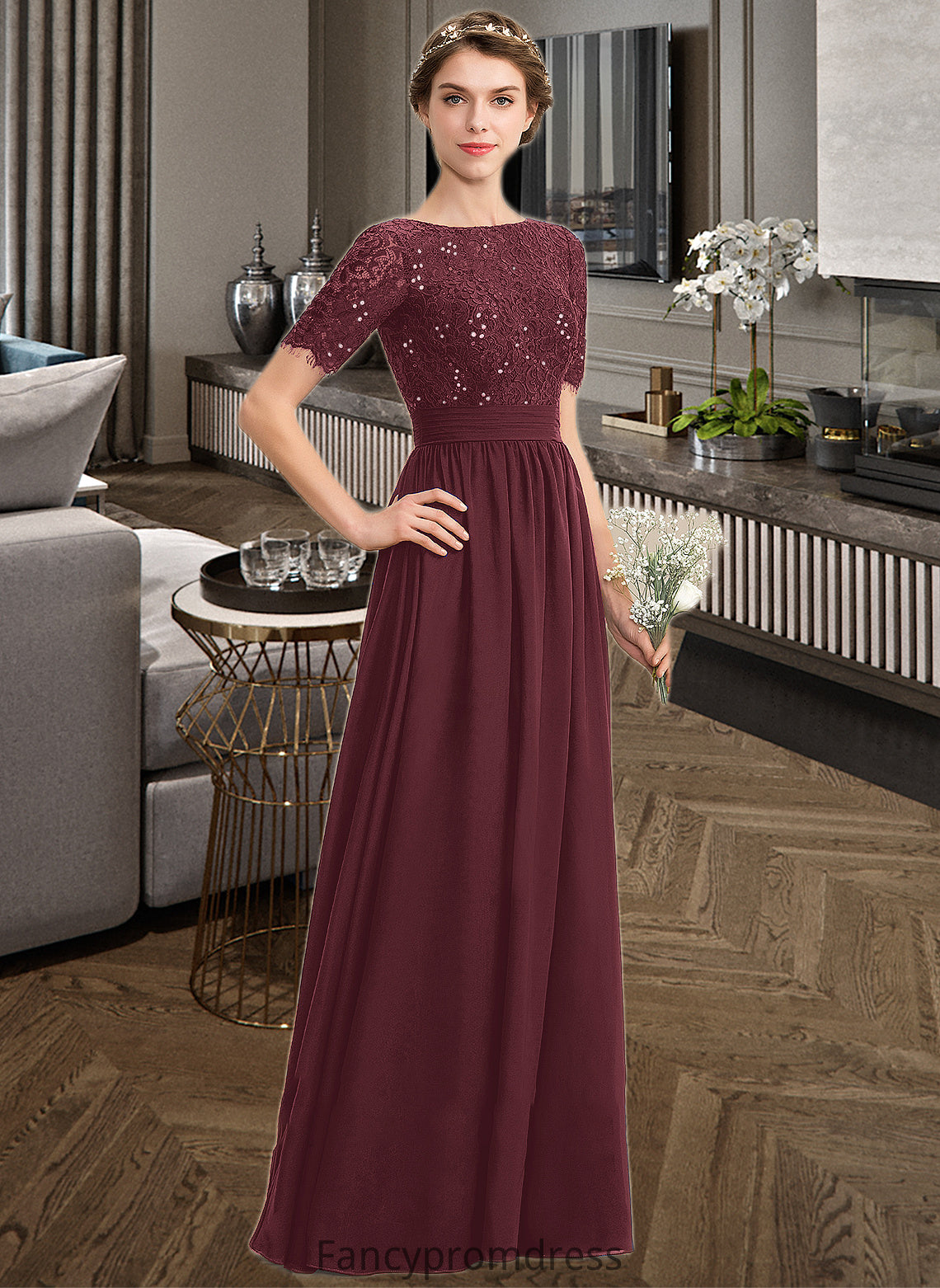 Sheila A-Line Scoop Neck Floor-Length Chiffon Lace Bridesmaid Dress With Sequins DRP0013207