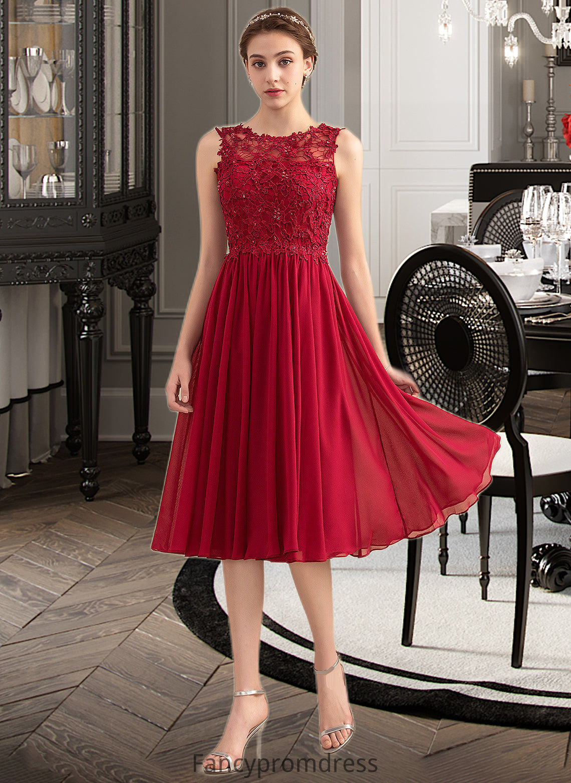 Mckenna A-Line Scoop Neck Knee-Length Chiffon Lace Bridesmaid Dress With Beading Sequins DRP0013208