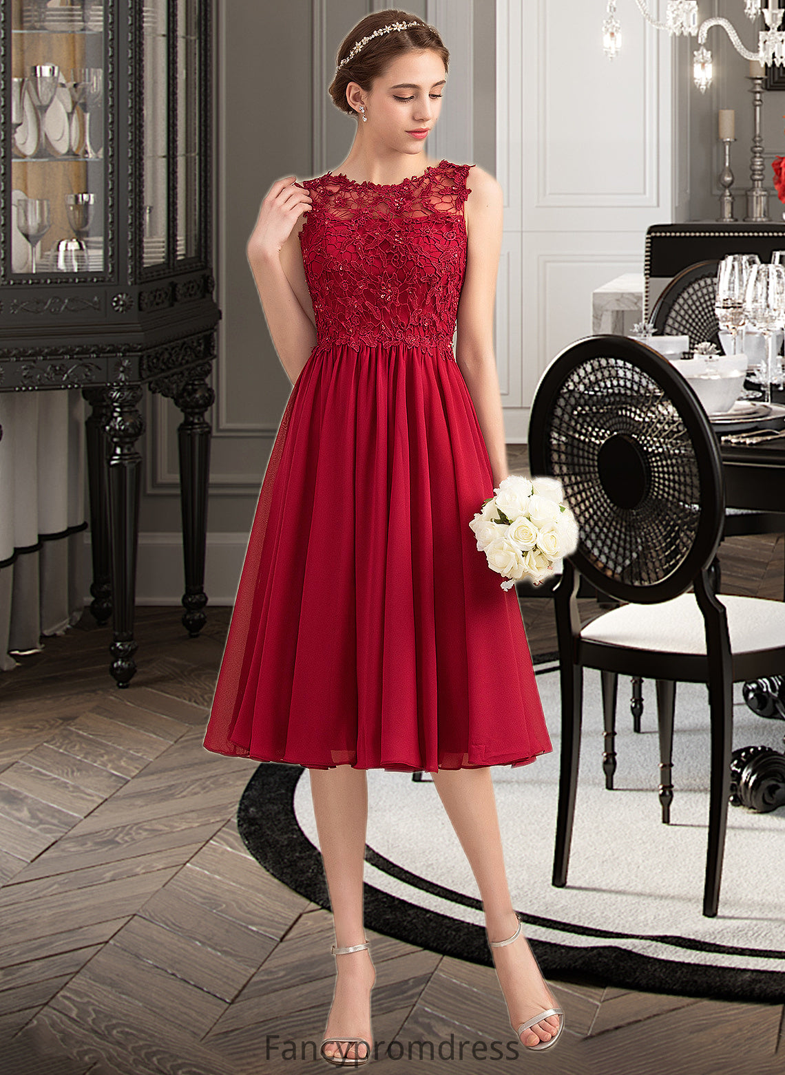 Mckenna A-Line Scoop Neck Knee-Length Chiffon Lace Bridesmaid Dress With Beading Sequins DRP0013208