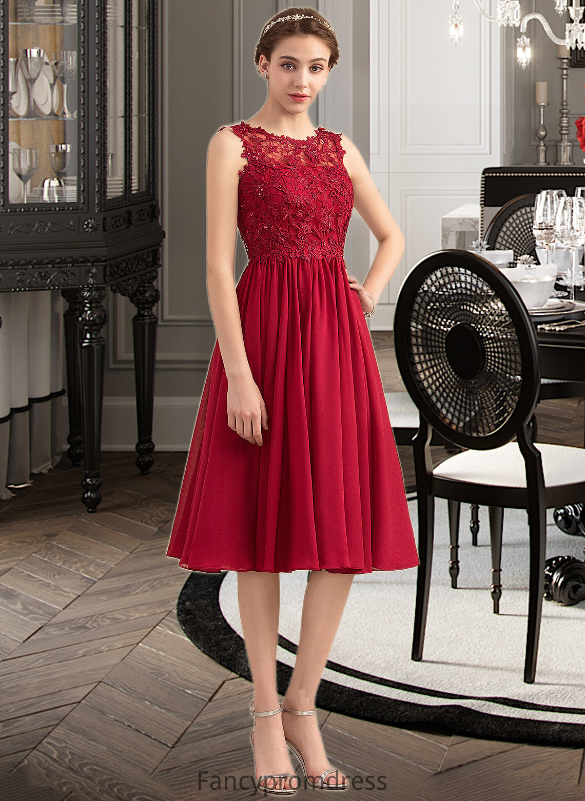 Mckenna A-Line Scoop Neck Knee-Length Chiffon Lace Bridesmaid Dress With Beading Sequins DRP0013208