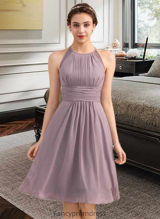 Katelyn A-Line Scoop Neck Knee-Length Chiffon Lace Bridesmaid Dress With Ruffle DRP0013209