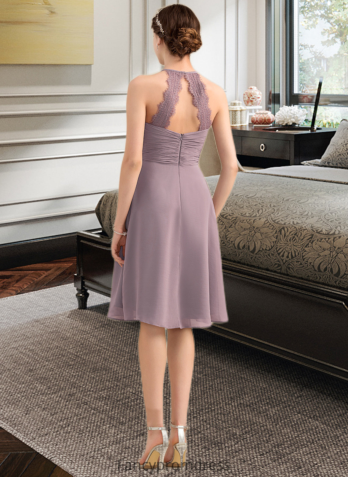 Katelyn A-Line Scoop Neck Knee-Length Chiffon Lace Bridesmaid Dress With Ruffle DRP0013209